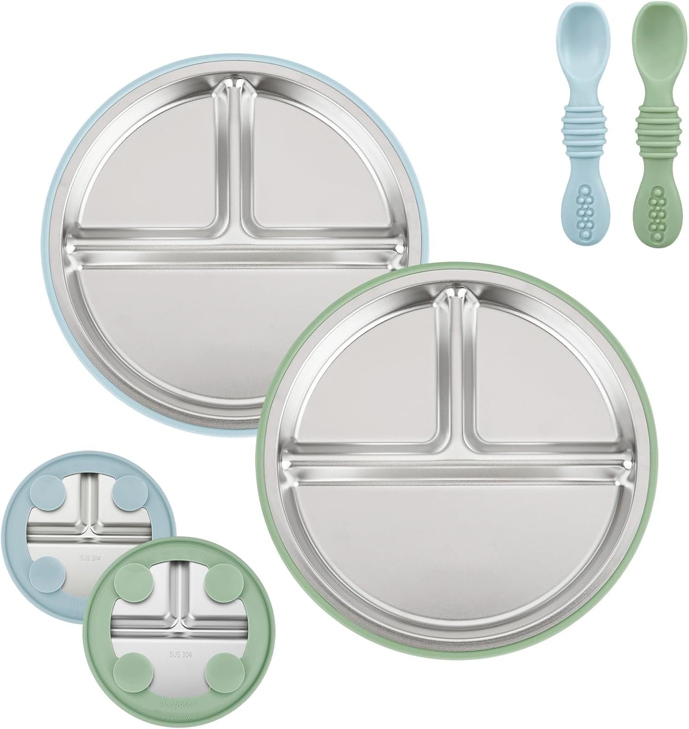 PandaEar 2 Pack Stainless Steel Baby Suction Plates & 2 Pack Spoons, Toddler Utensils Baby Feeding Set, Divided Plates for Baby Led Weaning Supplies, BPA-Free (Blue/Green)