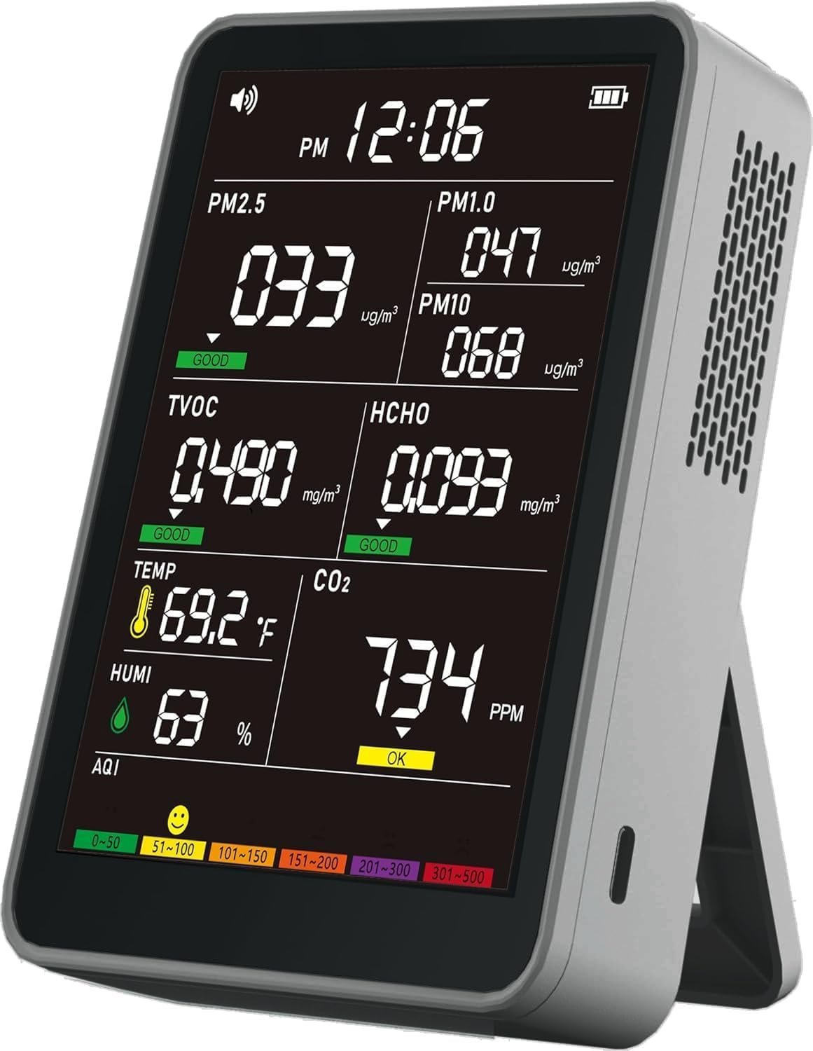 Professional Indoor Air Quality Monitor with AQI Alarms, Portable Real-Time Detector for Home Cars Plants and Pets (Grey)