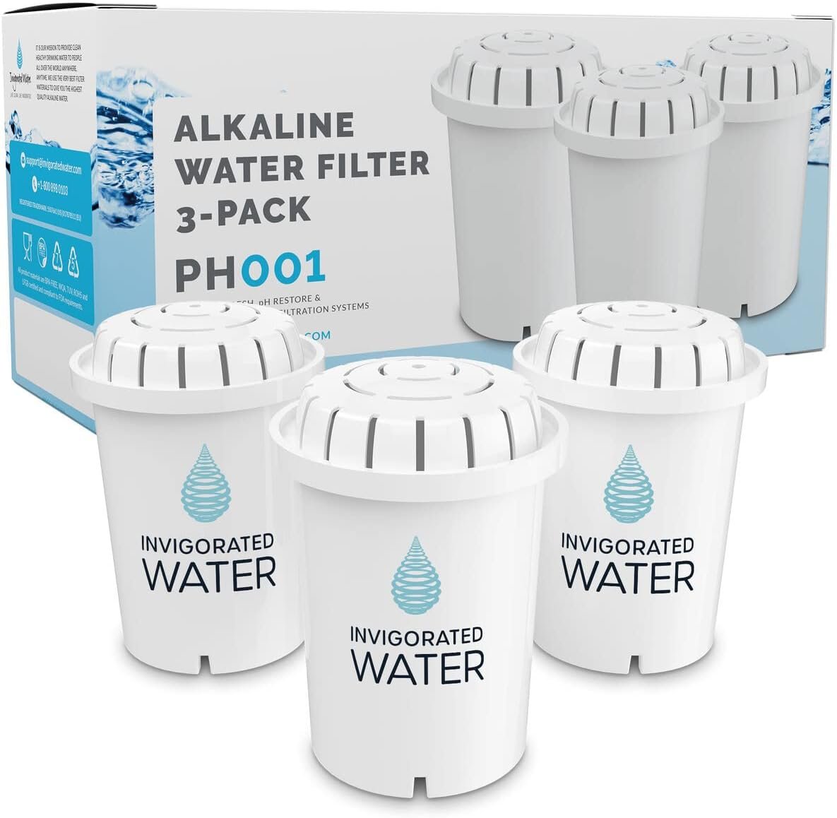Invigorated Water PH001 – White Alkaline Water Filter – Replacement Filters for all Pitcher & Dispenser Filtration Systems – BPA-Free, Removes Chlorine, Heavy Metals – 96 Gallons/Filter (3-Pack)