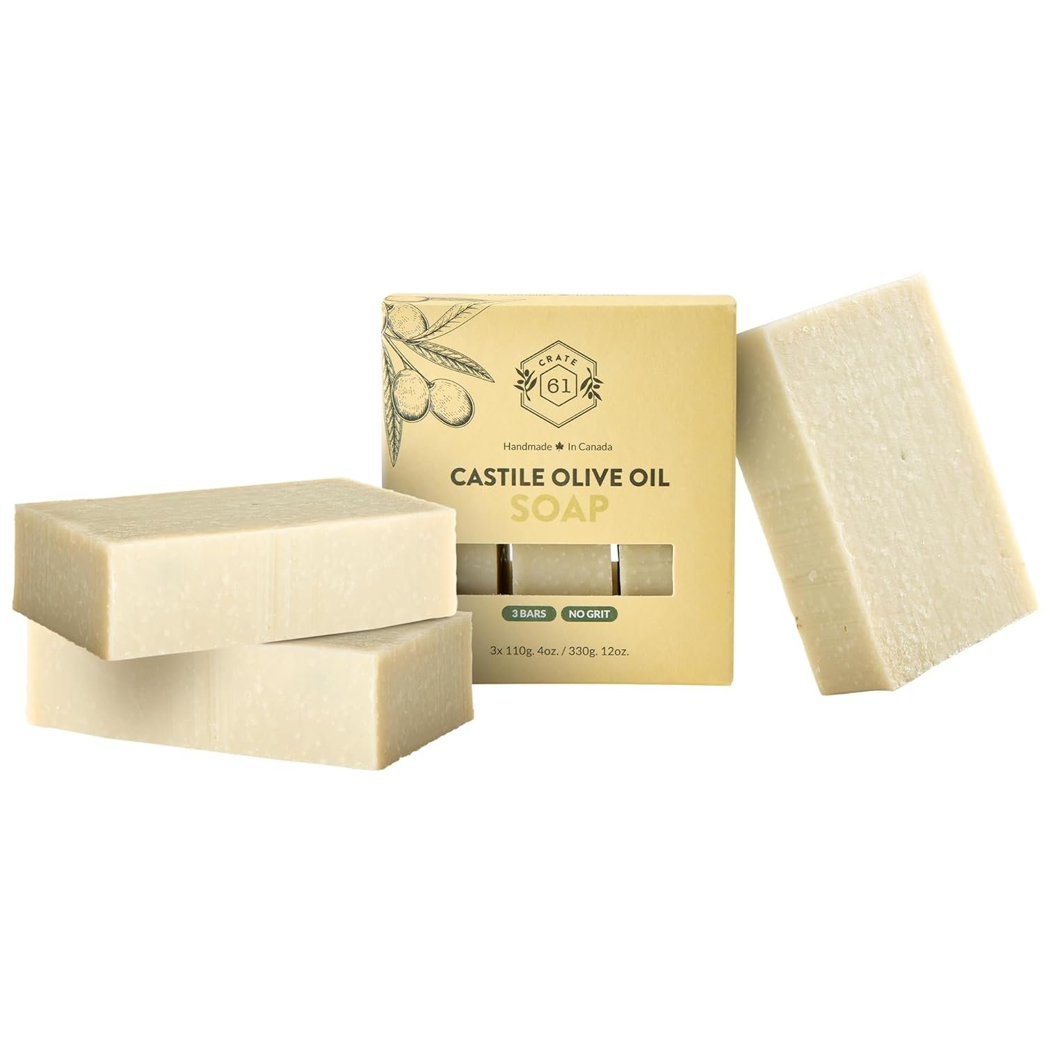 Crate 61, Handmade in Canada, Plant Based Cold Process Natural Bar Soap For Face And Body, With Premium Essential Oils, For Men And Women 3 Pack (Castile (Unscented))