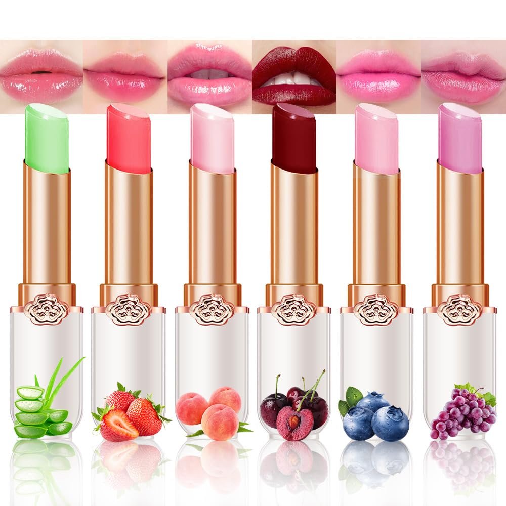 BINGBRUSH 6 Pcs Fruit Color Changing Lipstick Queen,PH Mood Long Lasting Labiales Lip Gloss Lip Balm Tinted Magic Lip Stain Makeup Lipstick Set for Women
