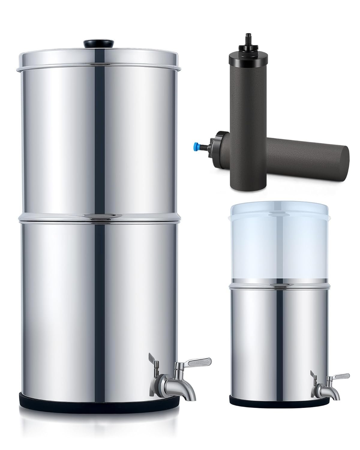 2.25 Gal Gravity Fed Water Filter System – Countertop Stainless Steel Countertop Water Filtration System, Gravity Water Purifier with 2 Carbon Filters NSF/ANSI 42 Certification