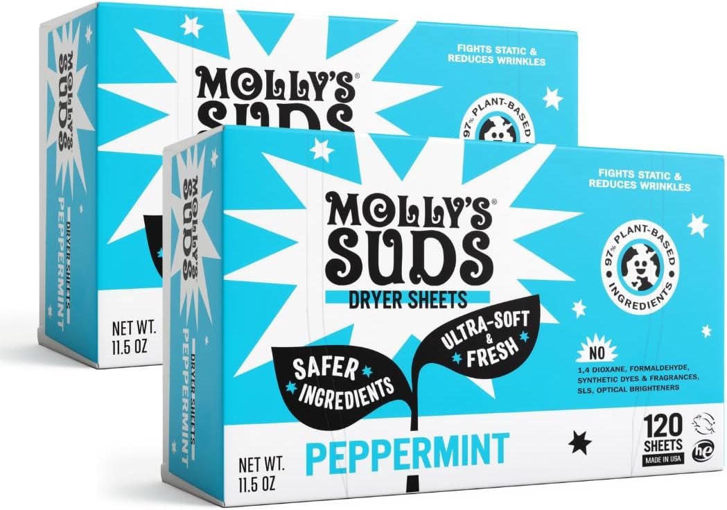 Molly’s Suds Fabric Softener Dryer Sheets for Sensitive Skin | Plant-Based Static Reducer, Plastic-Free Packaging | Bundle of 2, Peppermint (240 Sheets Total)