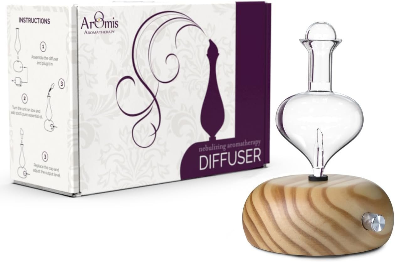 ArOmis Premium Glass Essential Oils Nebulizer – Waterless Diffuser for Aromatherapy – Handmade Oil Diffuser, Wooden Base, No Plastic, No Heat, No Battery, No LEDs – Orbis Lux Eros
