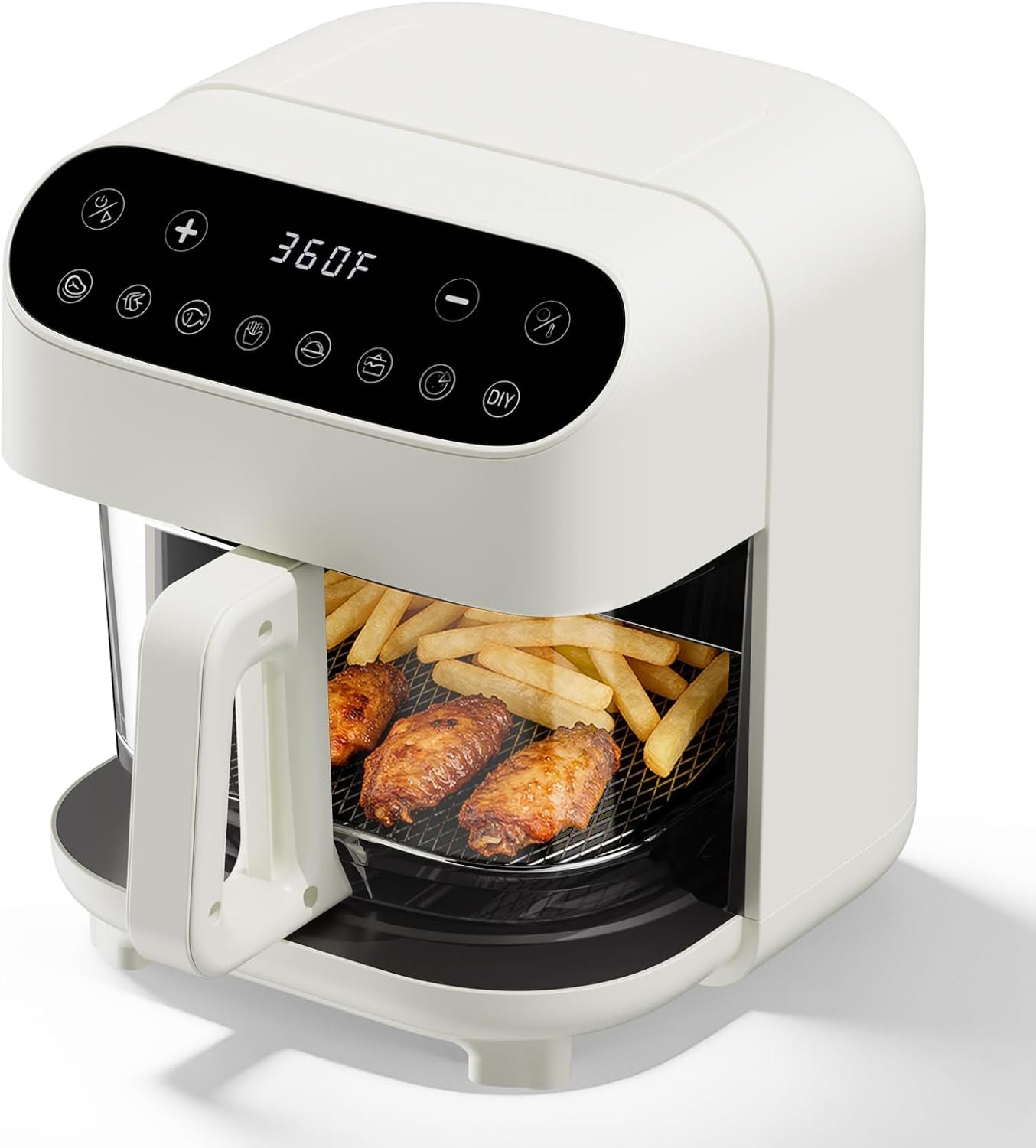5 Quart Glass Air Fryer, Non Toxic & Uncoated High Borosilicate Glass Basket, Airfryer with Transparent Fry Bowl, 8 Preset Modes, PTFE/PFAS Free, BPA-Free, Dishwasher Safe, White