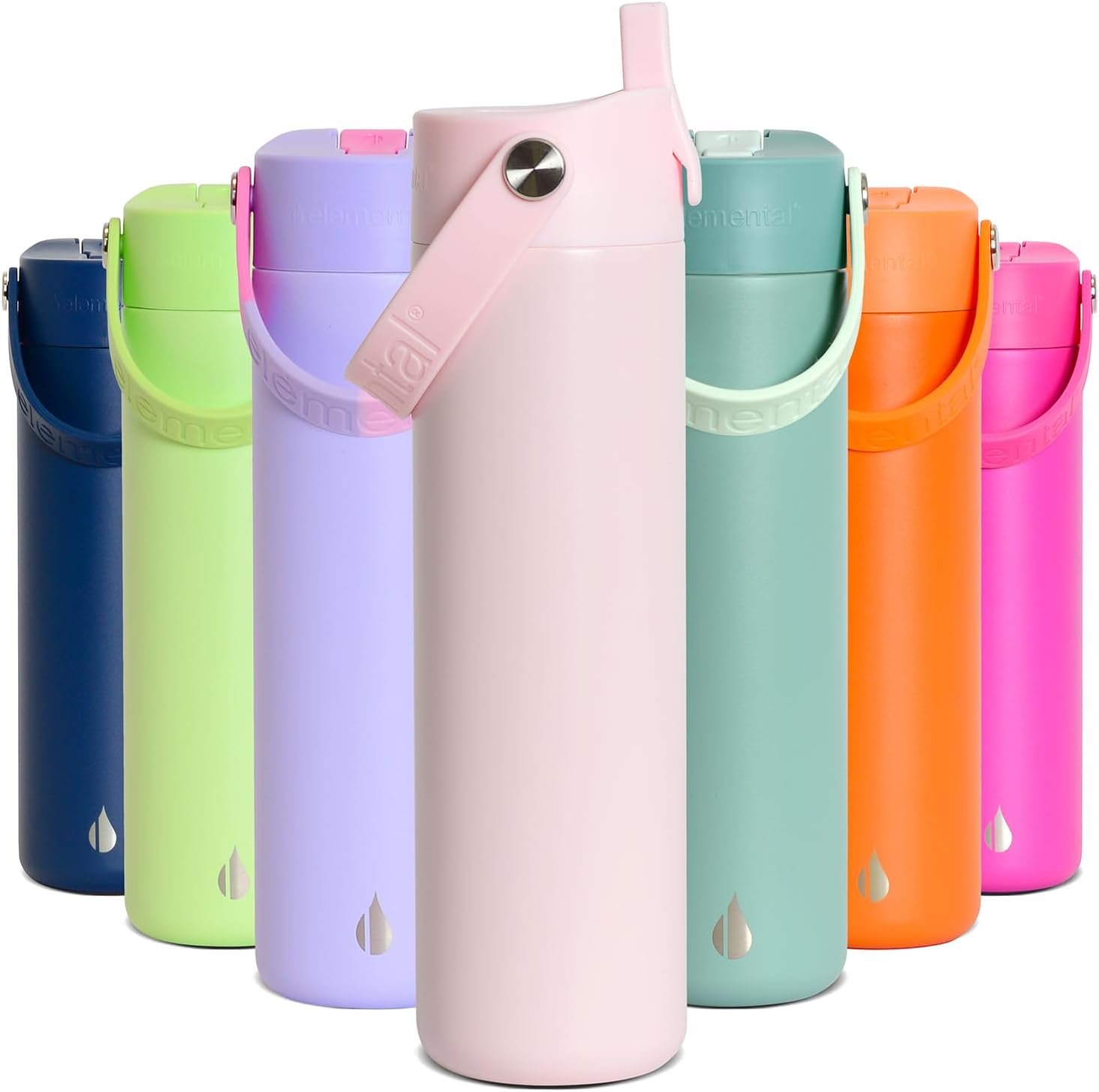 Elemental 24oz Insulated Water Bottle with Straw – 100% Leak-Proof Stainless Steel Core Water Bottles for Travel, Sports and Gym – Double Wall Insulation & BPA Free – Blush Pink