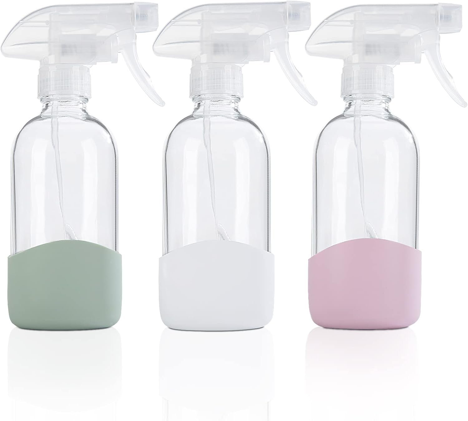 HOMBYS 8 Oz Empty Clear Glass Spray Bottles with Silicone Sleeve Protection Refillable Containers for Cleaning Solutions, Essential Oils, Misting Plants – Quality Sprayer – 3 Pack Boston Bottles