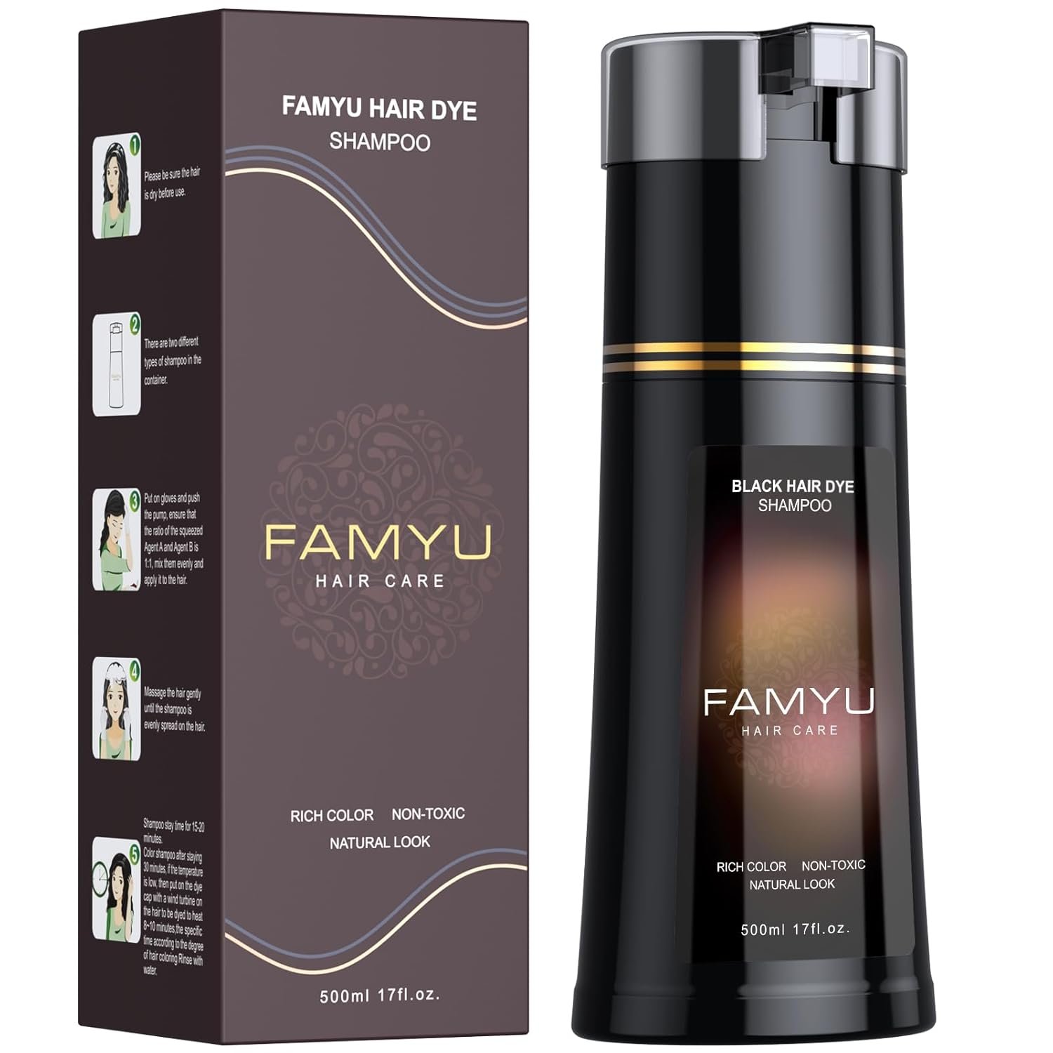 Black Hair Dye Shampoo, Hair Color Shampoo for Women and Men, Long-Lasting Hair Dye Herbal Ingredient Shampoos for Grey Hair Coverage 17oz