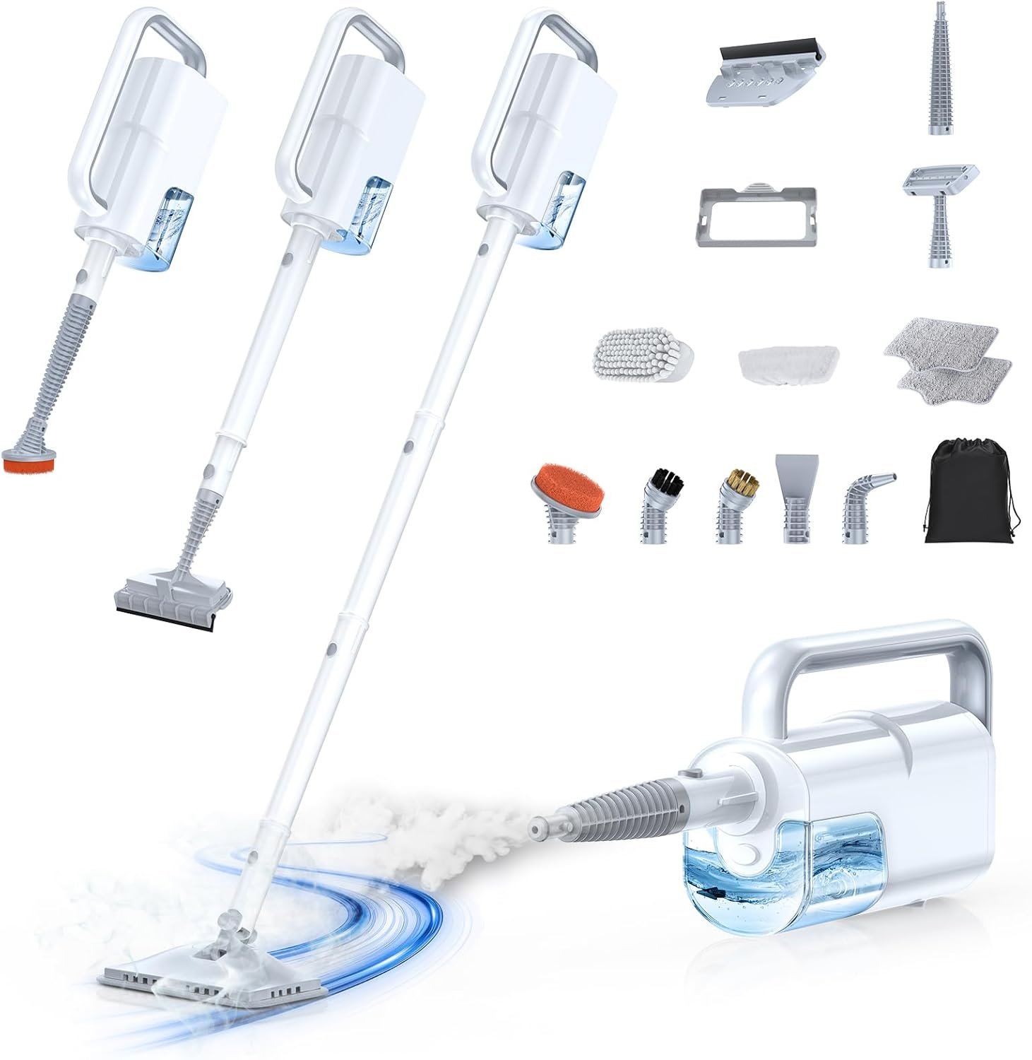 LABIGO 10-in-1 Steam Mop with Detachable Handheld Steamer, 350ml Tank, 10s Heat-Up, 248°F Steam Cleaner, 3-Level Control and Swivel Head for Floors, Carpets, Tiles, BBQ grill Multi-Surface Clean White