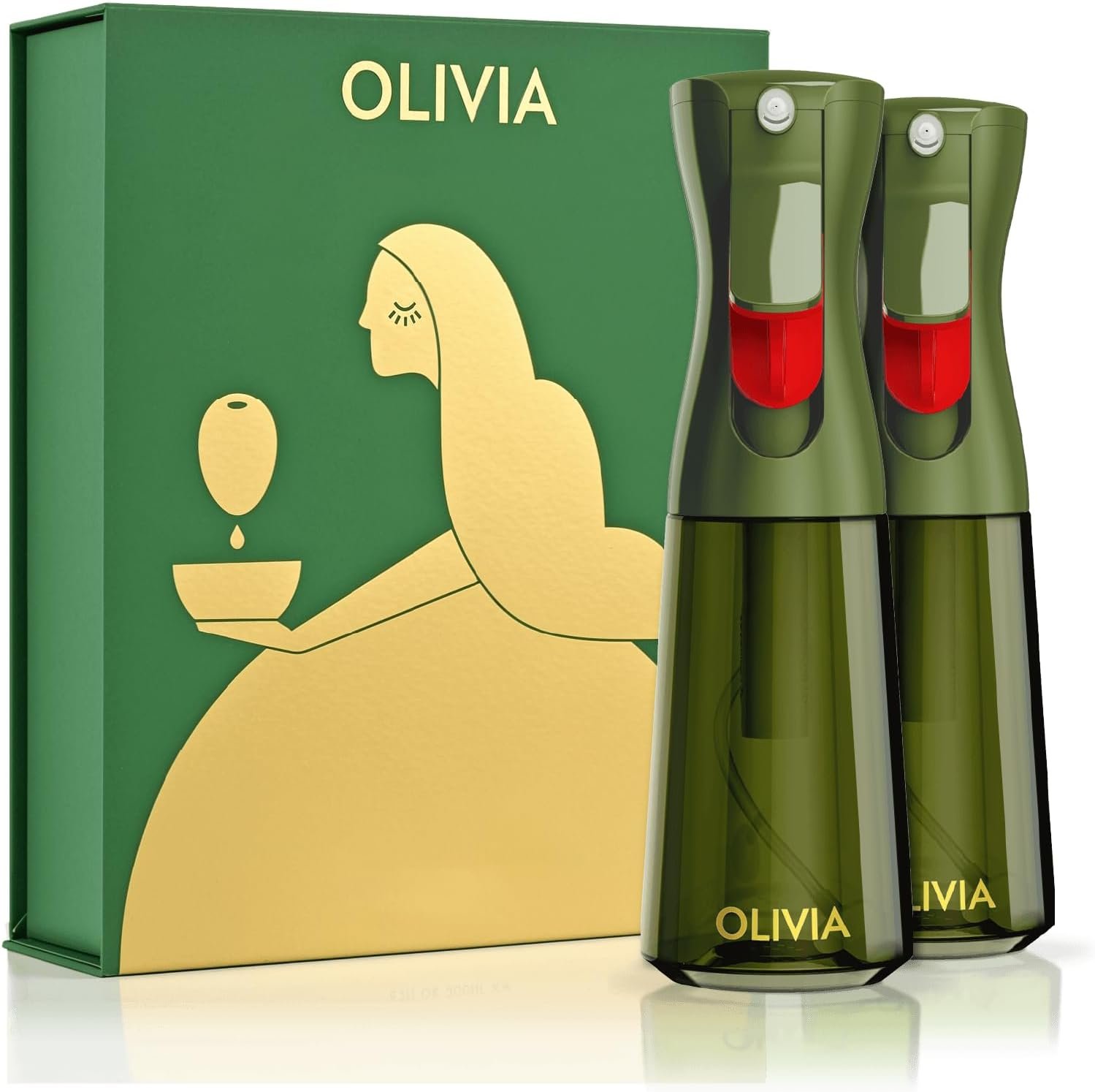 FLAIROSOL OLIVIA Oil Sprayer for Cooking, 2 Pack Green Glass Olive Oil Sprayer, 200ML Oil Dispenser for Kitchen, Continuous Oil Spray Bottle with Portion Control for Air Fryer, Salad, BBQ