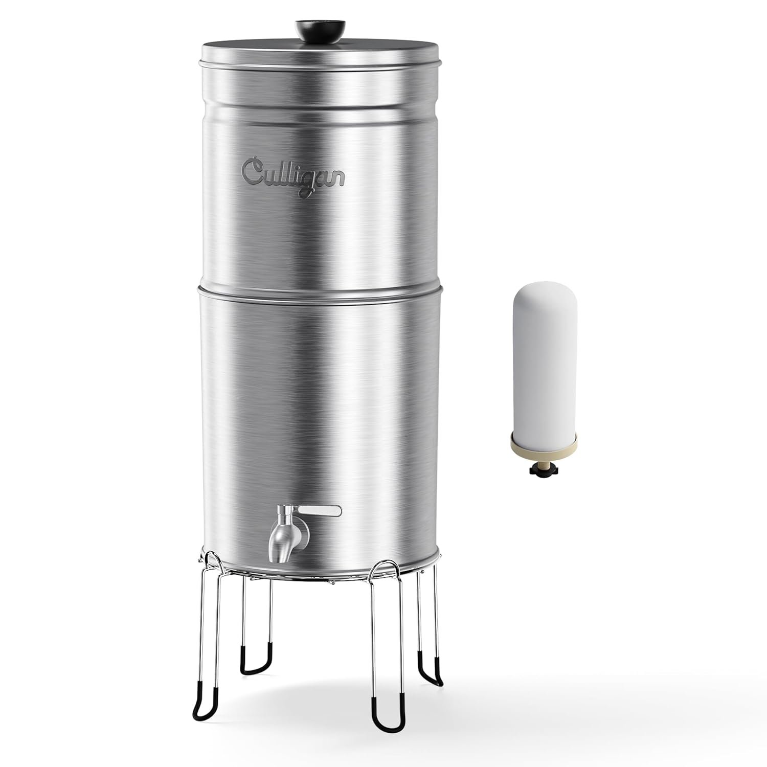 Culligan MaxClear 3 Gallon Gravity Water Filter System, Brushed Stainless-Steel Countertop Water Filter NSF/ANSI Certified to Reduce Microplastics, Lead & Total PFAS, with 1 Ceramic Filter