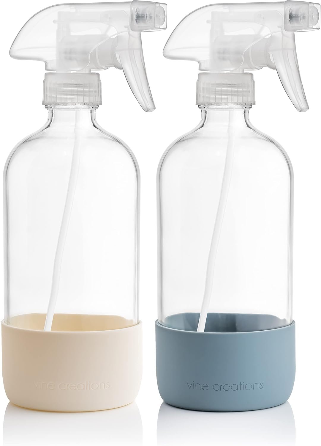 Vine Creations Glass Spray Bottles for Cleaning Solutions, Clear Glass Spray Bottle with Silicone Sleeve, 16 oz Empty Spray Bottles for Cleaning, Plant Spray Bottle, Mist and Stream Nozzle – 2 Pack