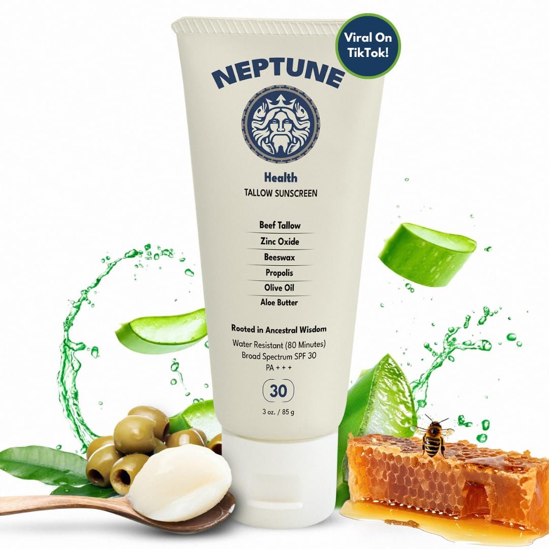 Neptune Non-Toxic Sunscreen – Grass Fed Beef Tallow, Zinc Oxide Mineral Based Sunscreen with Propolis for Skin Healing and Moisturization