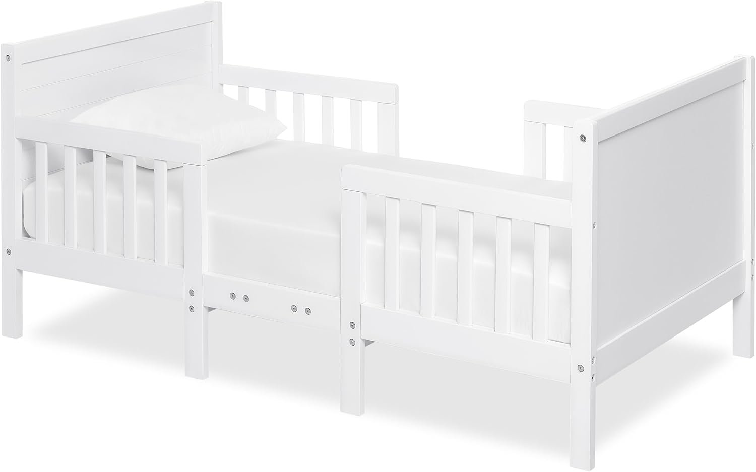 Dream On Me Hudson 3-in-1 Convertible Toddler Bed, 4 Safety Guard Rails, Low-to-Floor Design, Greenguard Gold & JPMA Certified, Solid New Zealand Pinewood, Converts to Chairs & Table – White