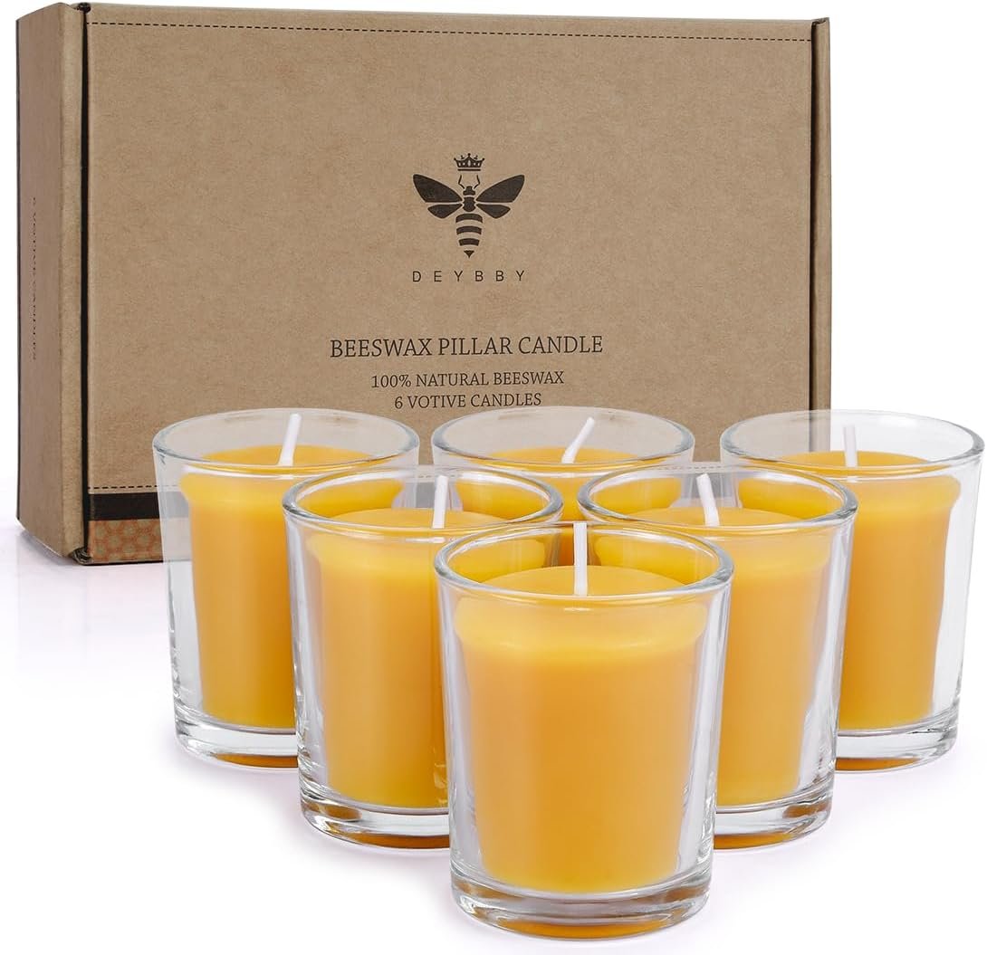 Pure Beeswax Votive Candles-6 Pack Natural Votives Set in Glass Jar for Home Room Decor Party Wedding Spa Gift,12 Hours Burn
