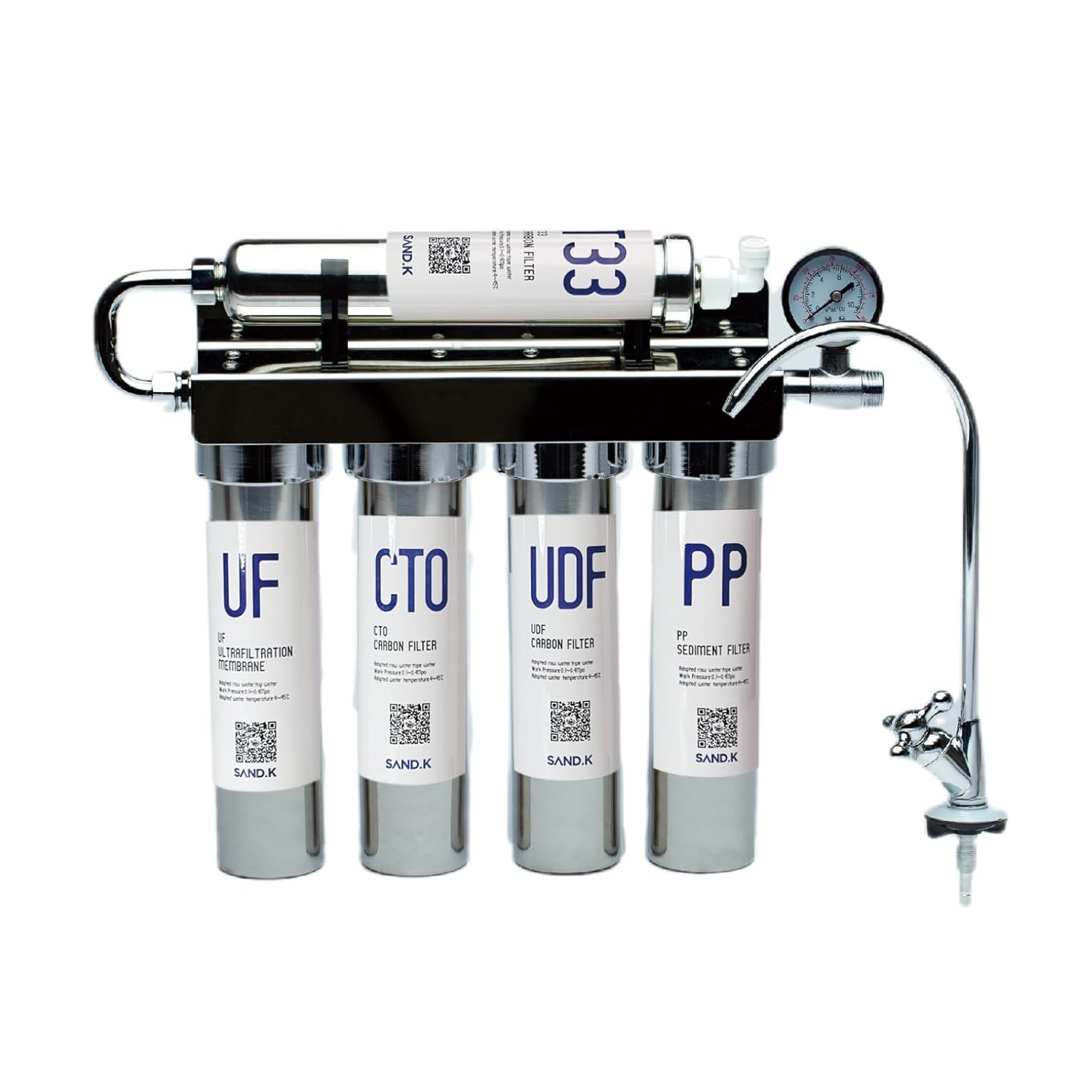 Stainless Steel Water Filter for Sink,0.01μm Ultra-Filtration Under Sink Water Filter System, Reduces PFAS, PFOA/PFOS, Fluoride, Chlorine, Bad Taste & Odor, Tankless 5-Stage with Faucet