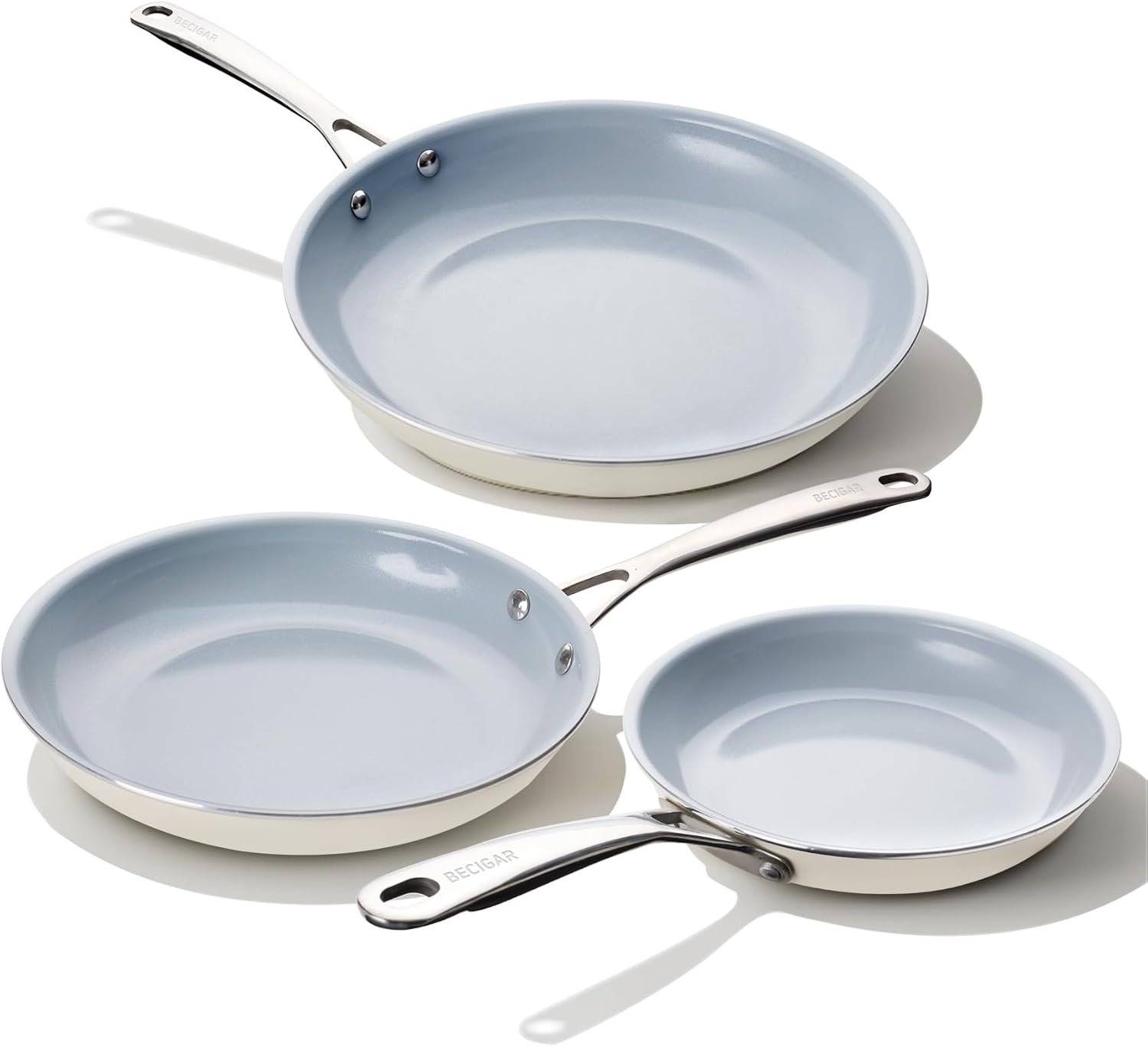 Ceramic Frying Pan Set with Stainless Steel Handle – Perfect Cookware Set for Steak & Non Stick Cooking – Ceramic Pans Set Non Stick Trendy Essential for Young Chefs(Cream White)