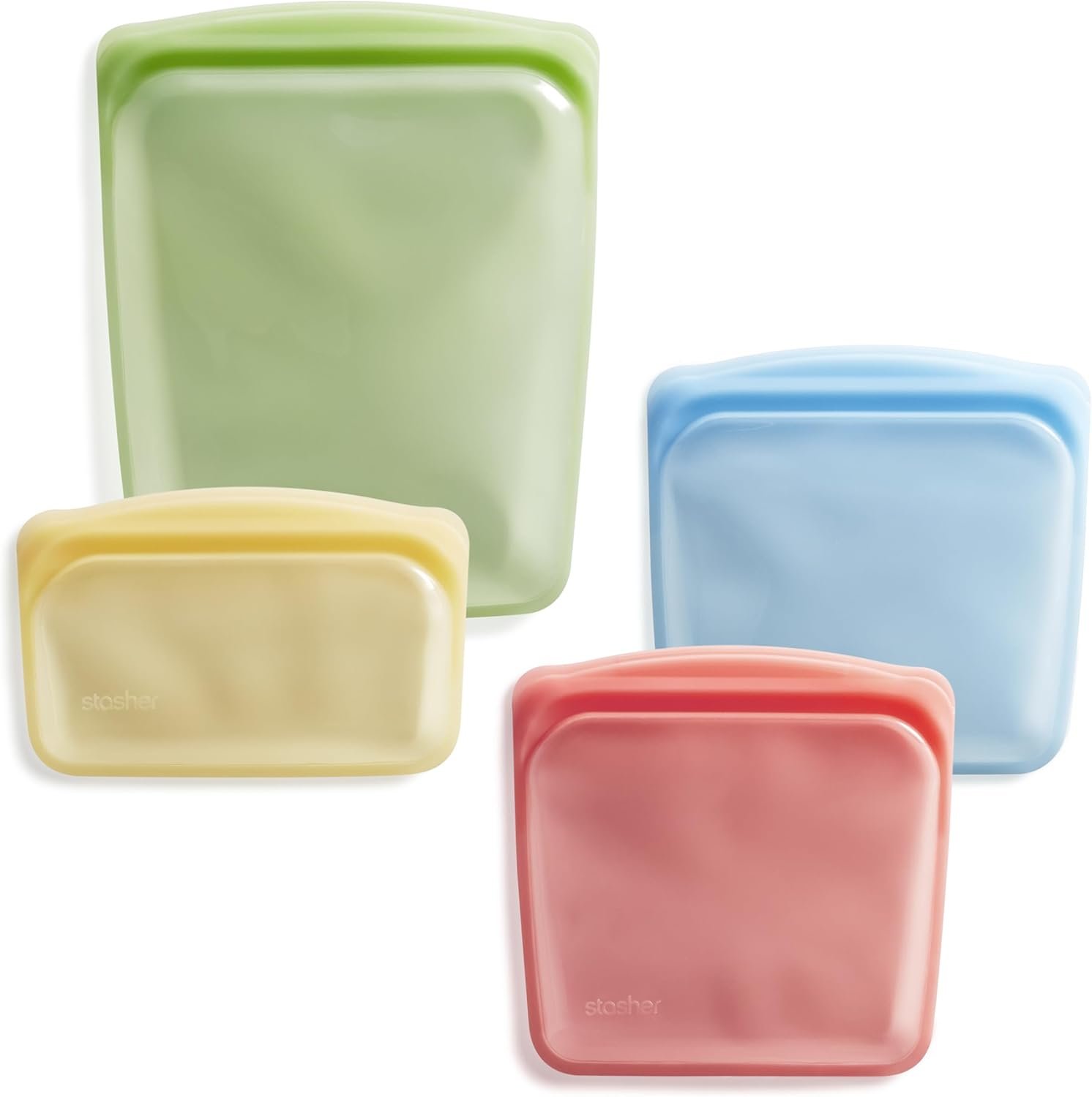 Stasher Silicone Reusable Storage Bags, 4-Pack, Reusable Freezer Bags, Microwave, Dishwasher, Oven Safe, Sous Vide, Premium Lunch Containers, Eco Friendly, Food Storage Bags, Snack Bags, Multicolor