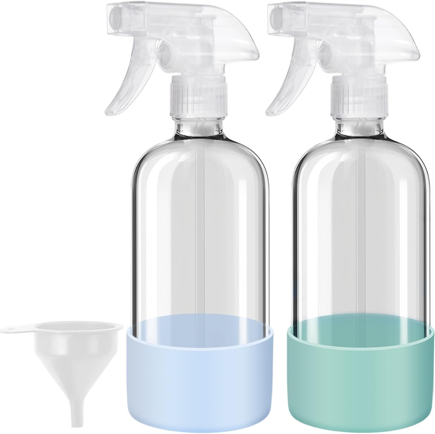 Glass Spray Bottles with Silicone Sleeves (2 Pack, 16 oz), Mist and Stream Empty Refillable Containers, Water Sprayer Misting Bottle for Cleaning Solutions, Planting, Hair Spraying, Green & Grey