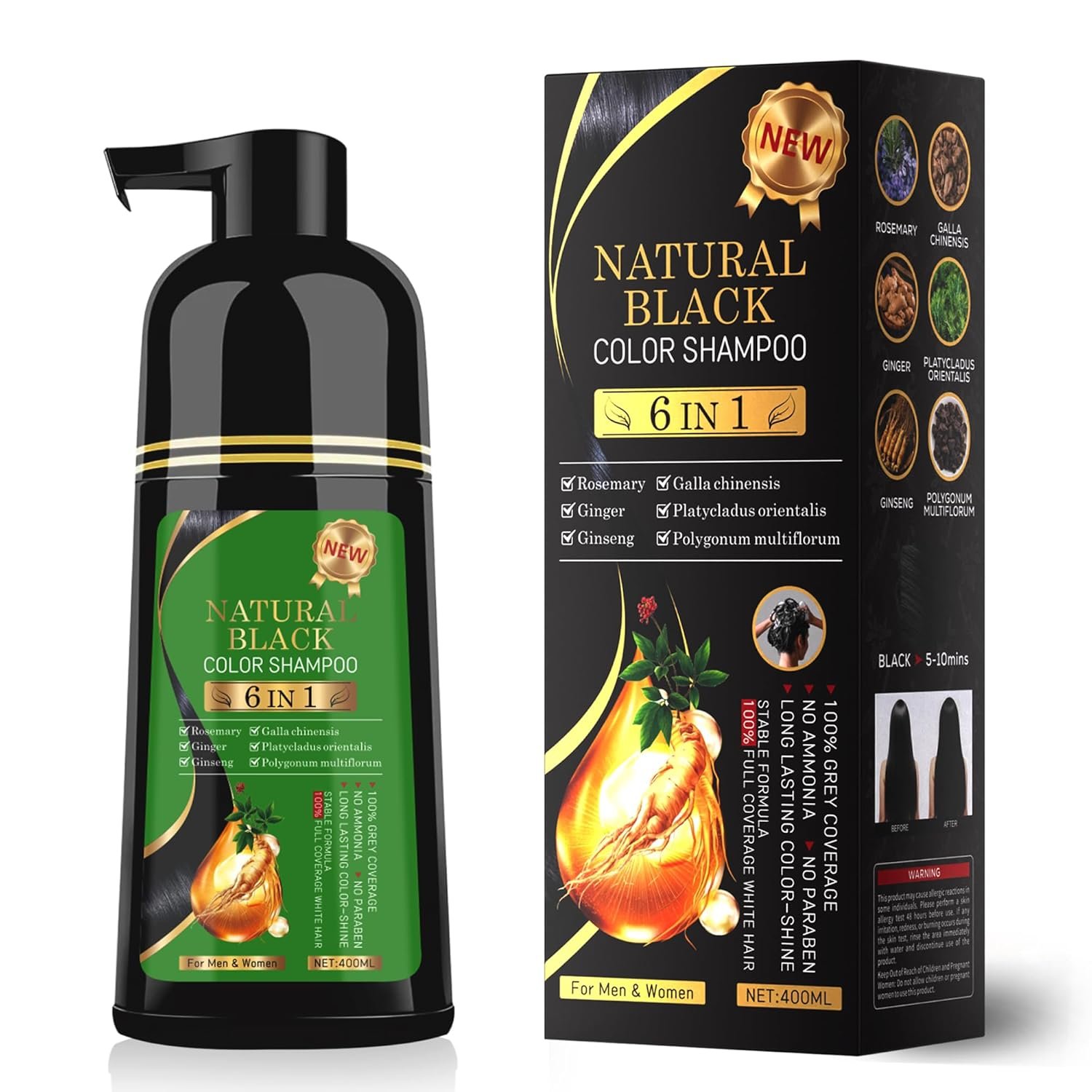 Black Hair Dye Shampoo 6-in-1 Unisex Natural Herbal Formula, Hair Color Shampoo for Women&Man Long-Lasting Color for Grey Coverage Home & Salon (Natuarl Black)