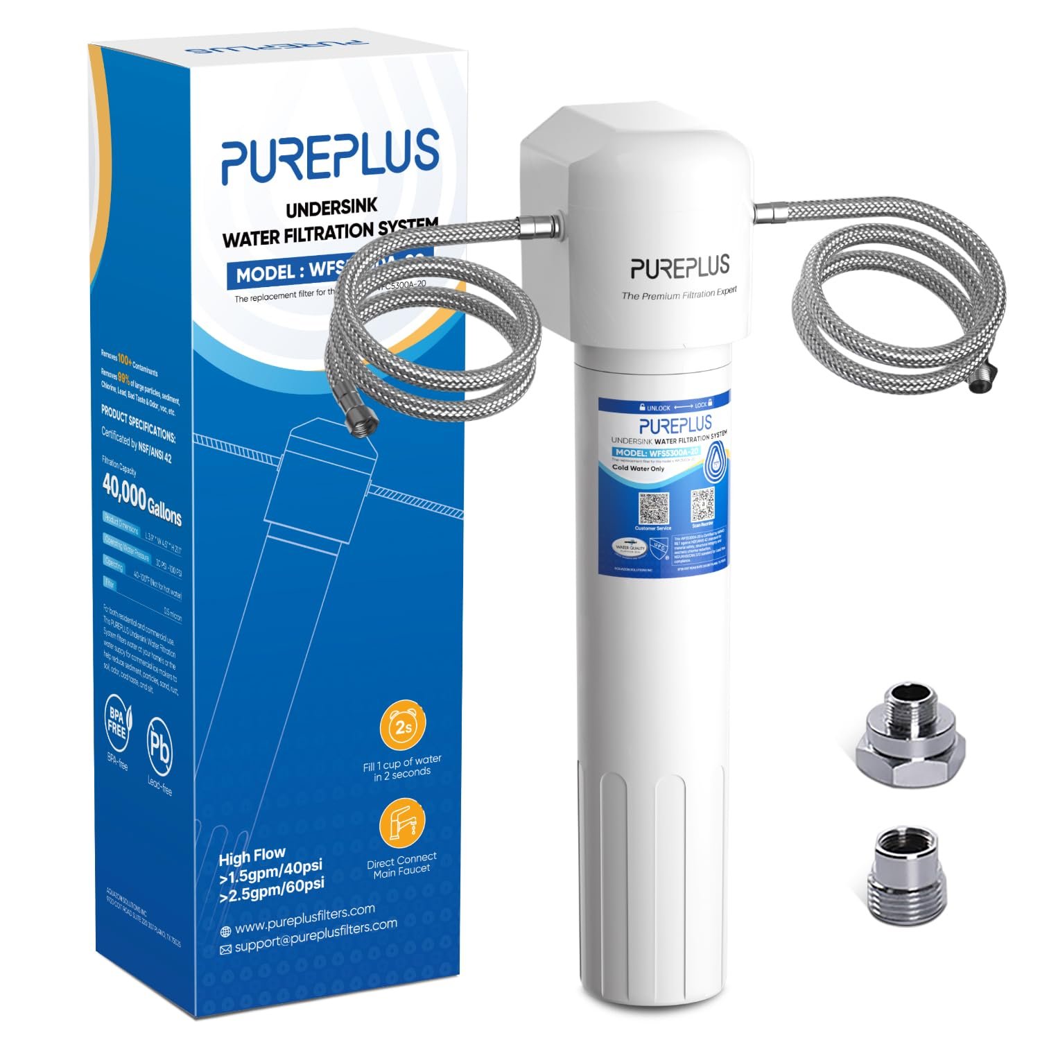 PUREPLUS WFS5300A-20 5 Years Under Sink Water Filter System,NSF/ANSI 42 Certified, 40000 Gallons Removes Chlorine,Bad Taste & Odor, Direct Connect Under Counter Water Filtration System