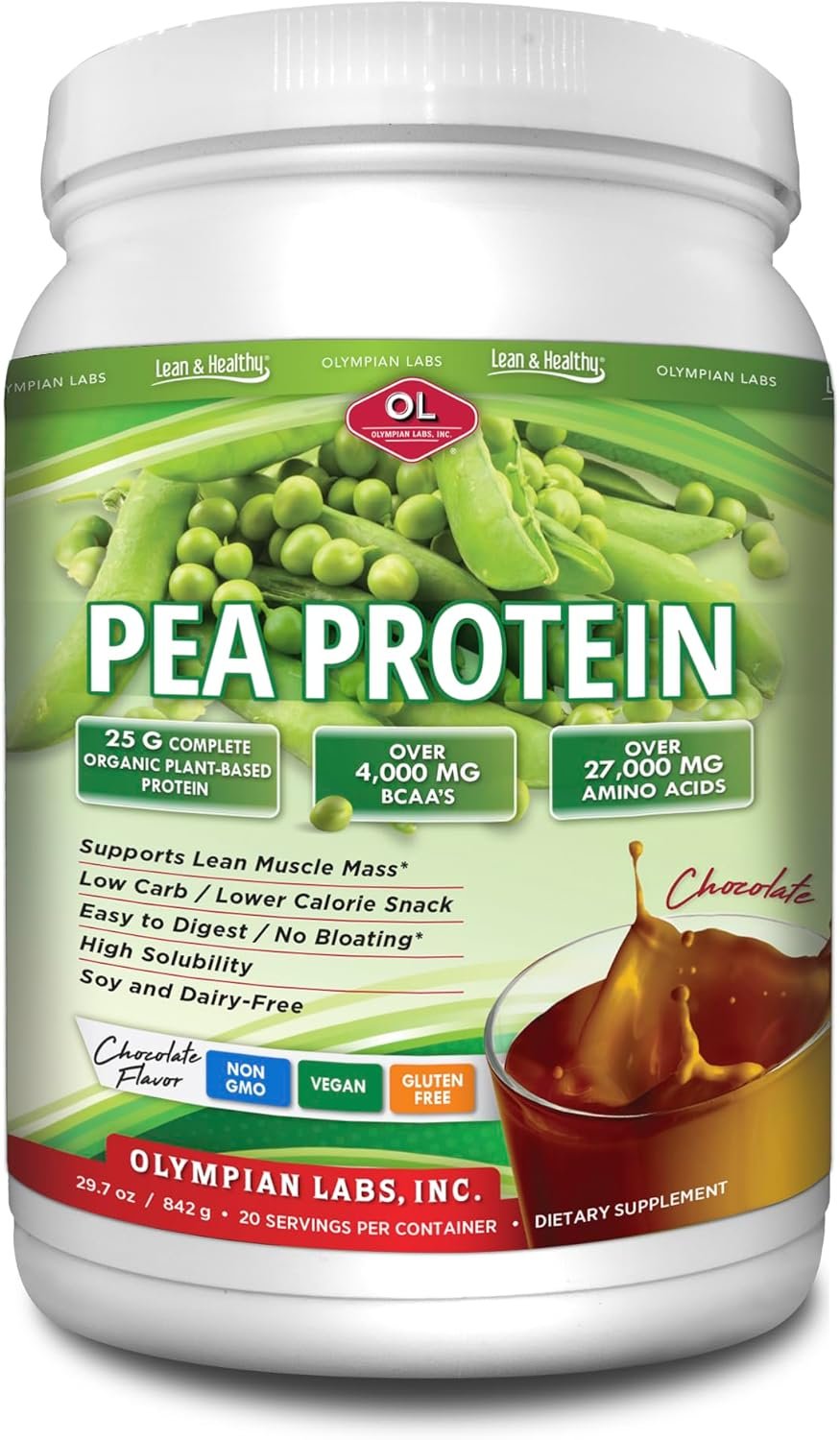 Olympian Labs Plant Based Pea Protein Powder, Chocolate – 25g of Protein, Vegan, Low Net Carbs, Gluten Free, Lactose Free, No Sugar Added, Soy Free, Non-GMO, 2 Pound Pea Protein