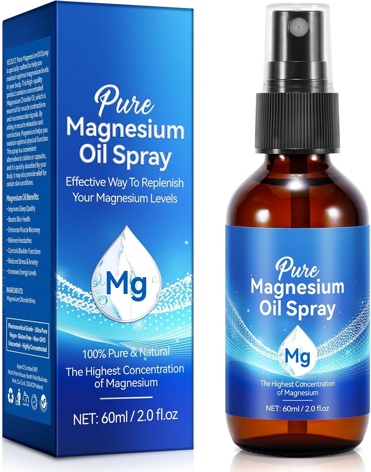 Pure Magnesium Oil Spray, 100% Pure & Natural Magnesium Oil Spray 2.0 fl. oz, Magnesium Oil Spray for Sleep Quality, Skin, Muscle, Men and Women.