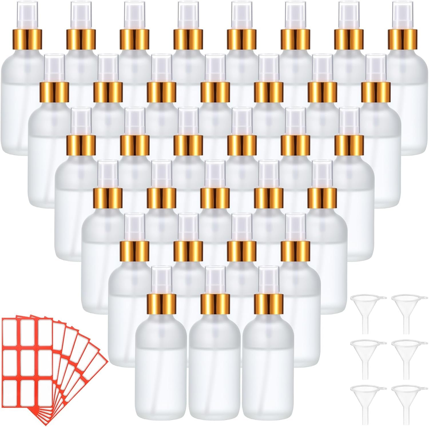 Fumete 36 Pcs Glass Spray Bottles 4oz Fine Mist Glass Spray Bottle Refillable Liquid Containers with 6 Labels 6 Funnel for Hair Travel Plants Cleaning Solutions Skin Care (Clear,Frosted)