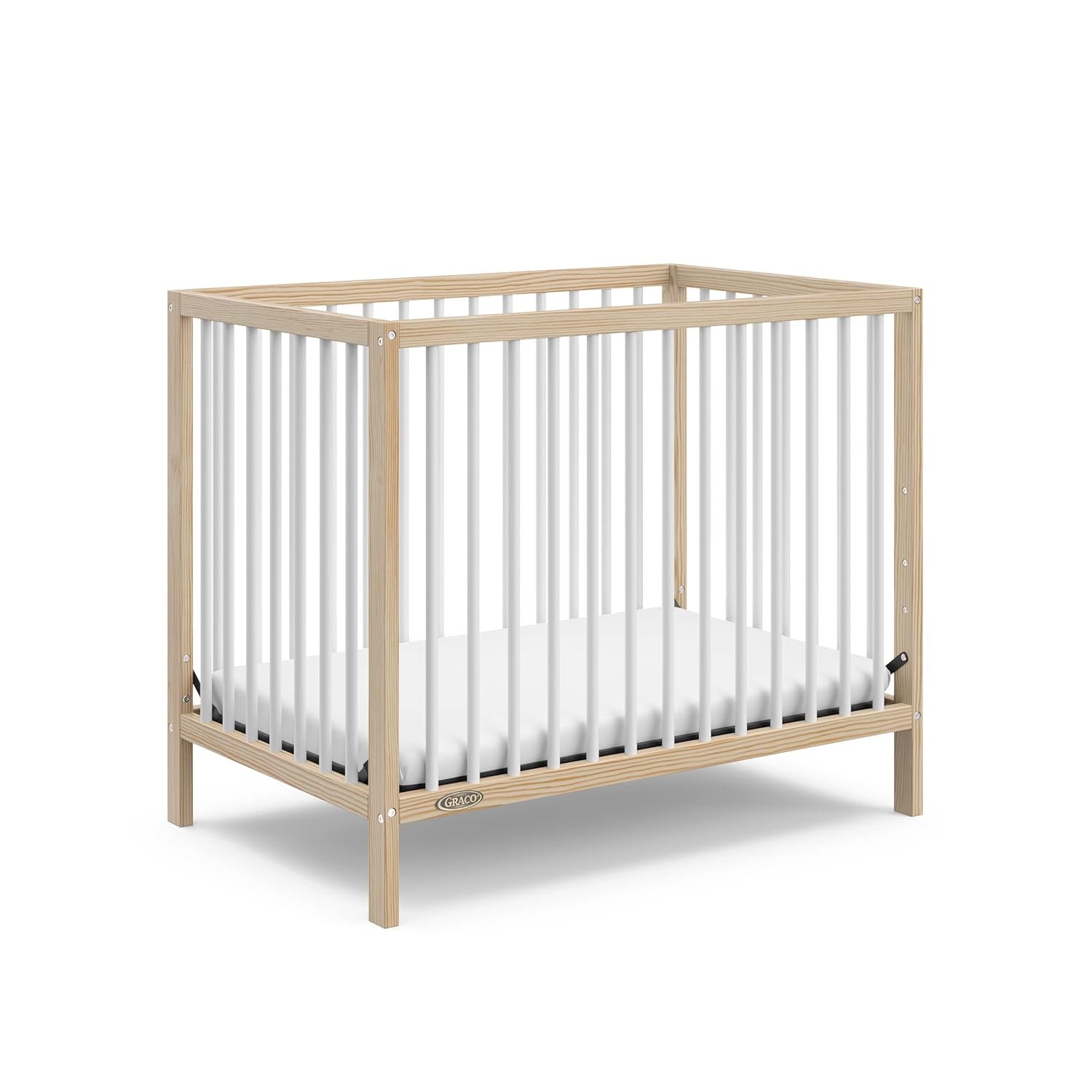 Graco Teddi 4-in-1 Convertible Mini Crib with Bonus Water-Resistant Mattress (Natural with White) – GREENGUARD Gold Certified, 2.75-Inch Mattress Included, Convenient Size, Easy 30-Minute Assembly
