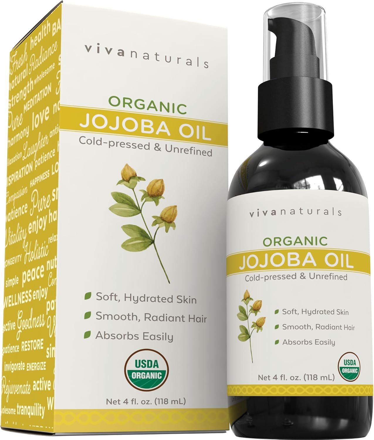 Viva Naturals Organic Jojoba Oil – Pure Cold-Pressed for Skin and Hair, USDA Certified Face Moisturizer, 4 fl. oz