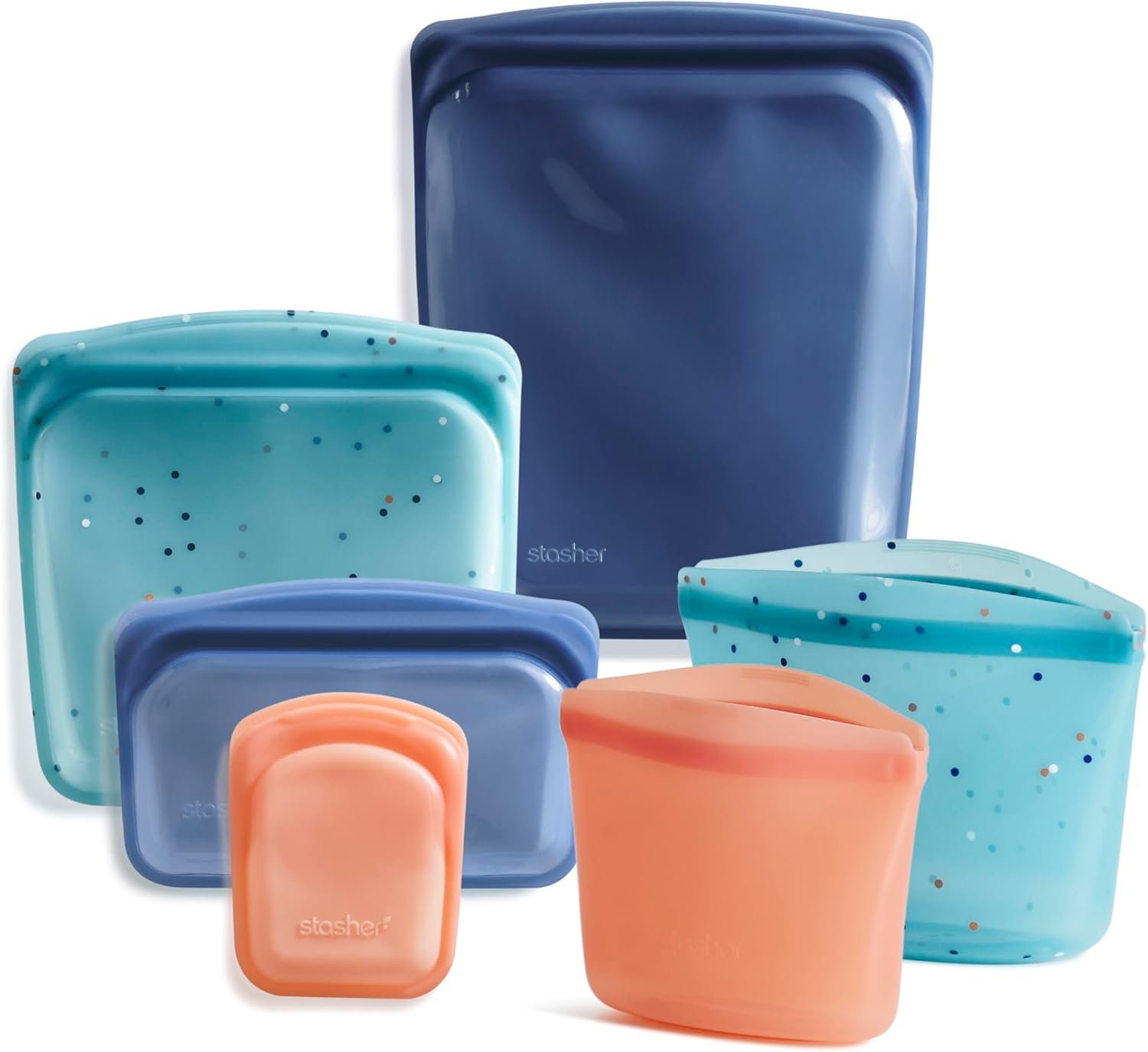 Stasher Silicone Reusable Food Storage Bags, 6-Pack Starter Kit, Reusable Freezer Bags, Microwave, Dishwasher, Oven Safe, Sous Vide, Lunch Containers, Eco Friendly, Snack Bag, Sea Spray