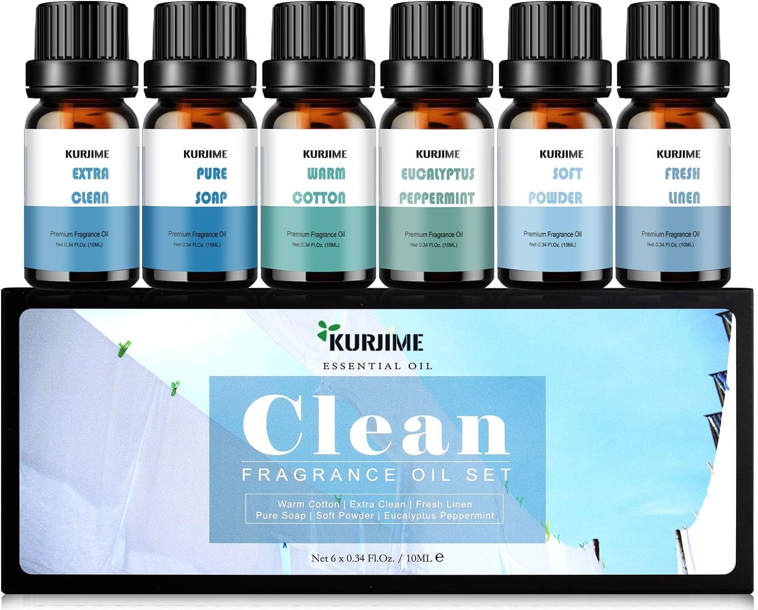 Essential Oils Set, Clean Scents Fragrance Oil Essential Oils for Diffuser Aromatherapy – Fresh Linen, Extra Clean, Warm Cotton, Soft Powder, Pure Soap, Eucalyptus Peppermint, 6x10ml