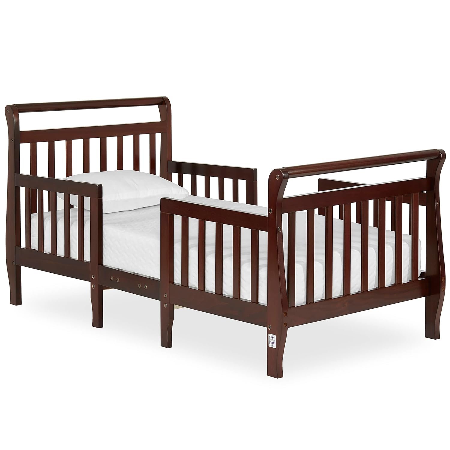 Dream On Me Emma 3-in-1 Convertible Wooden Toddler Bed in Espresso, Baby Safety Alliance Certified, Low-to-Floor Design, Solid Pinewood with Safety Rails