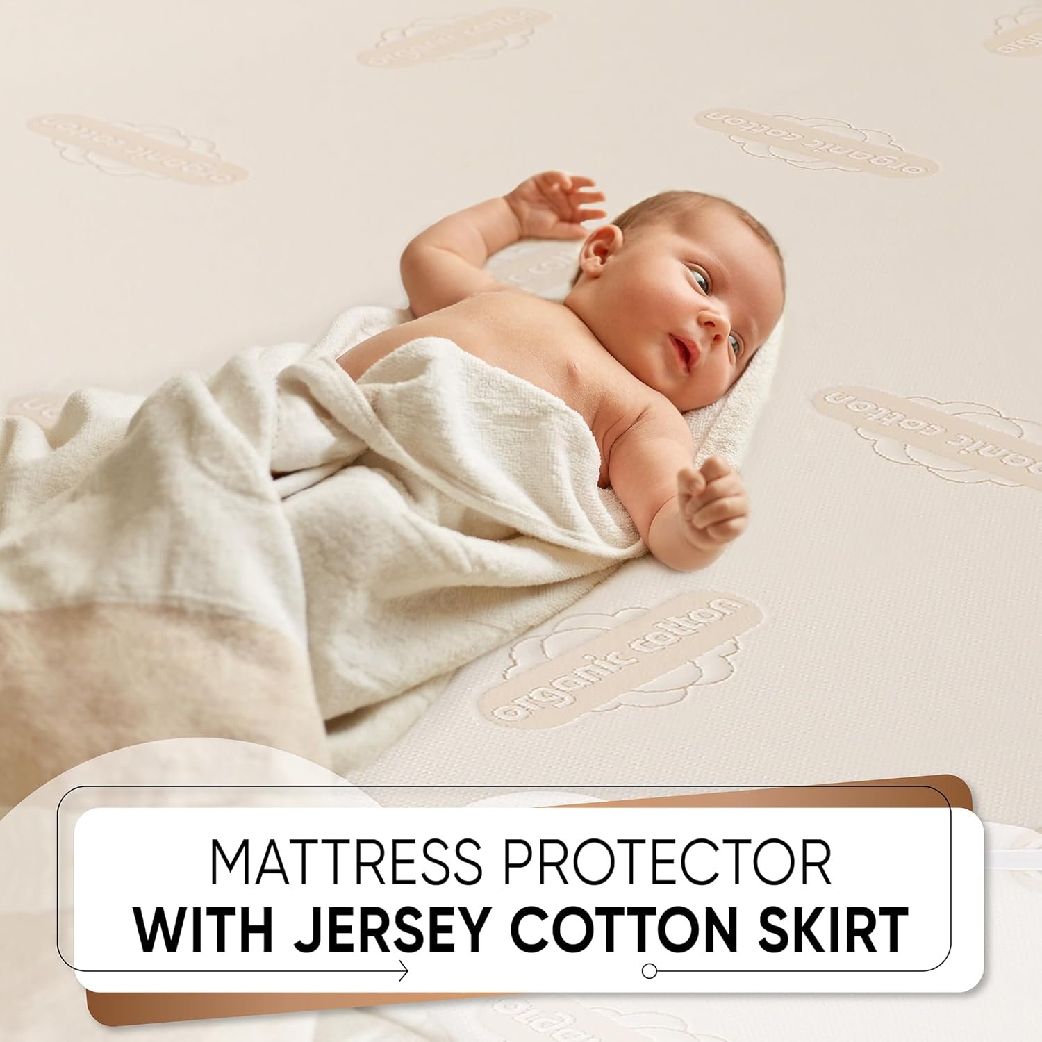 Deluxe Organic Crib Mattress Protector Pad – Waterproof & Breathable Organic Cotton Cover for Baby & Toddler Beds – Premium 280 GSM Knitted Jacquard, Soft Jersey Skirt