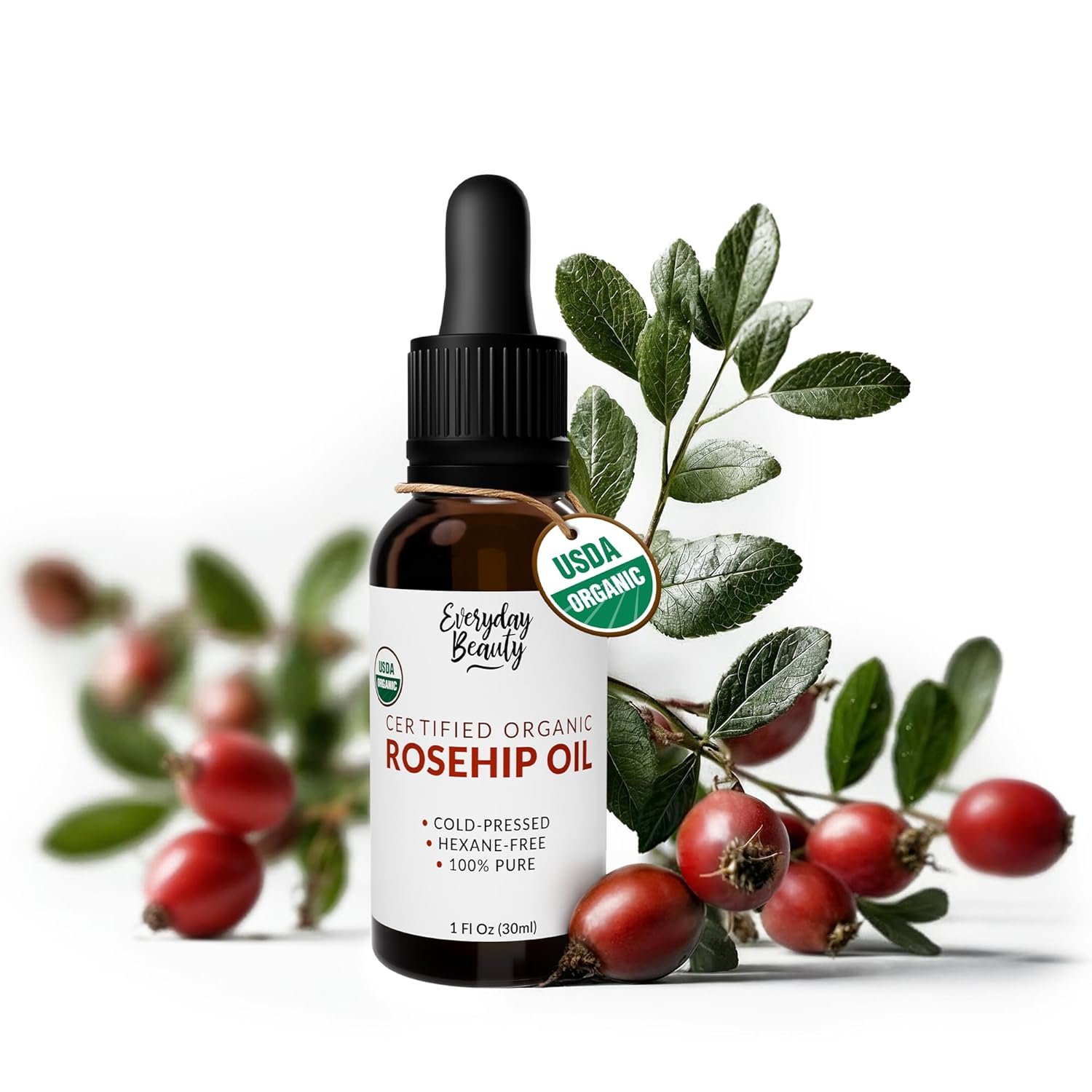 Organic Rosehip Seed Oil | 100% Pure, Cold-Pressed, Unrefined | USDA Certified Organic | Amber Glass Bottle with Glass Dropper | For Face, Skin & Hair – 1 Fl Oz