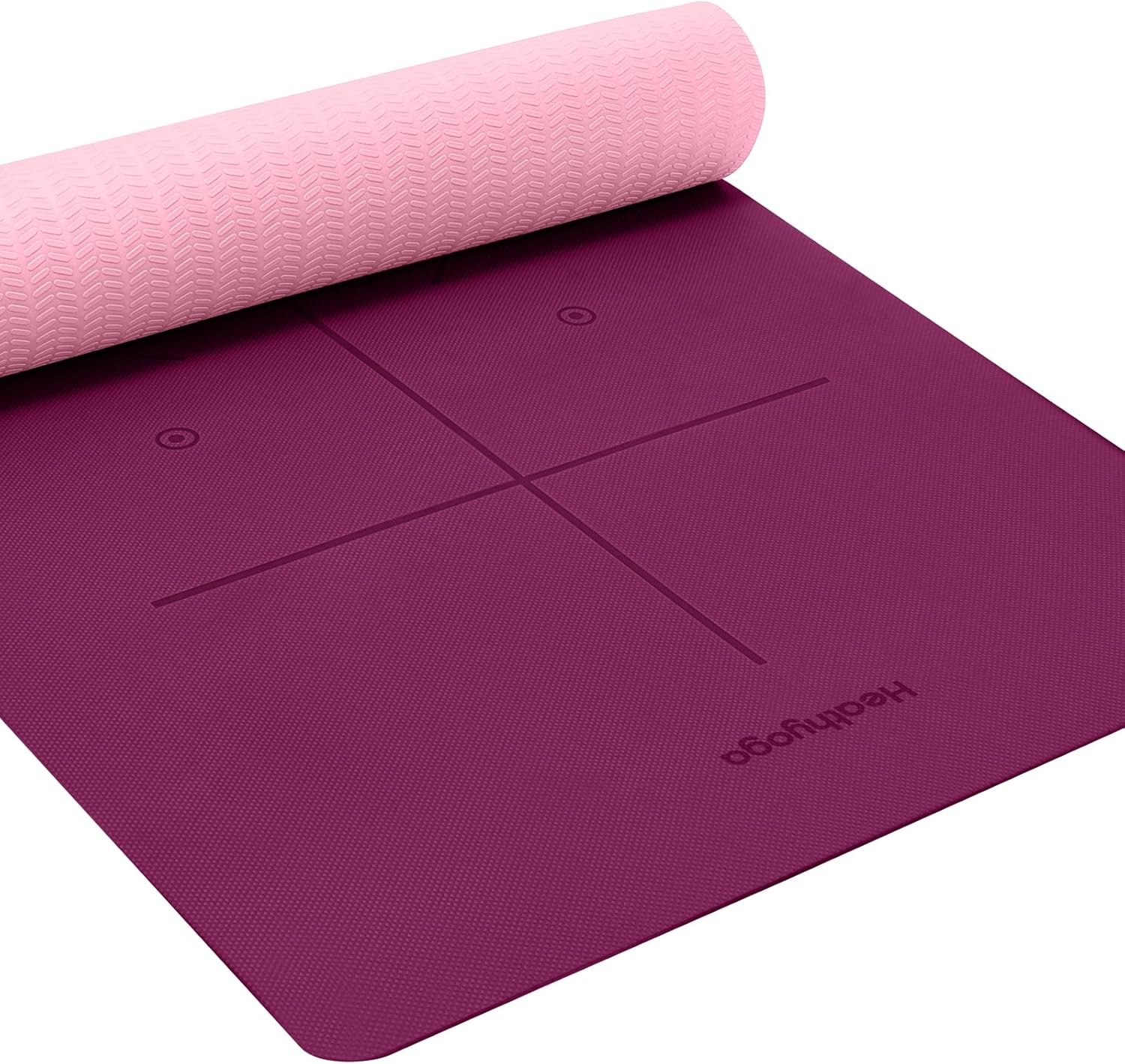 Heathyoga Eco Friendly Non Slip Yoga Mat, Body Alignment System, SGS Certified TPE Material – Textured Non Slip Surface and Optimal Cushioning,72″x 26″ Thickness 1/4″