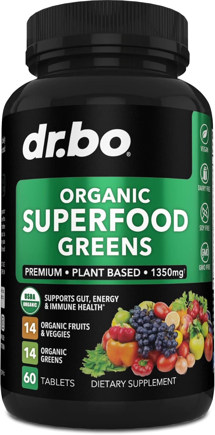Organic Superfood Greens & Fruit Supplements – Energy Super Food Fruits and Veggies Supplement Tablets – Daily Green Veggie Powder Blend Plus Vegetable Foods Alfalfa, Spinach, Cabbage & Spirulina Tabs