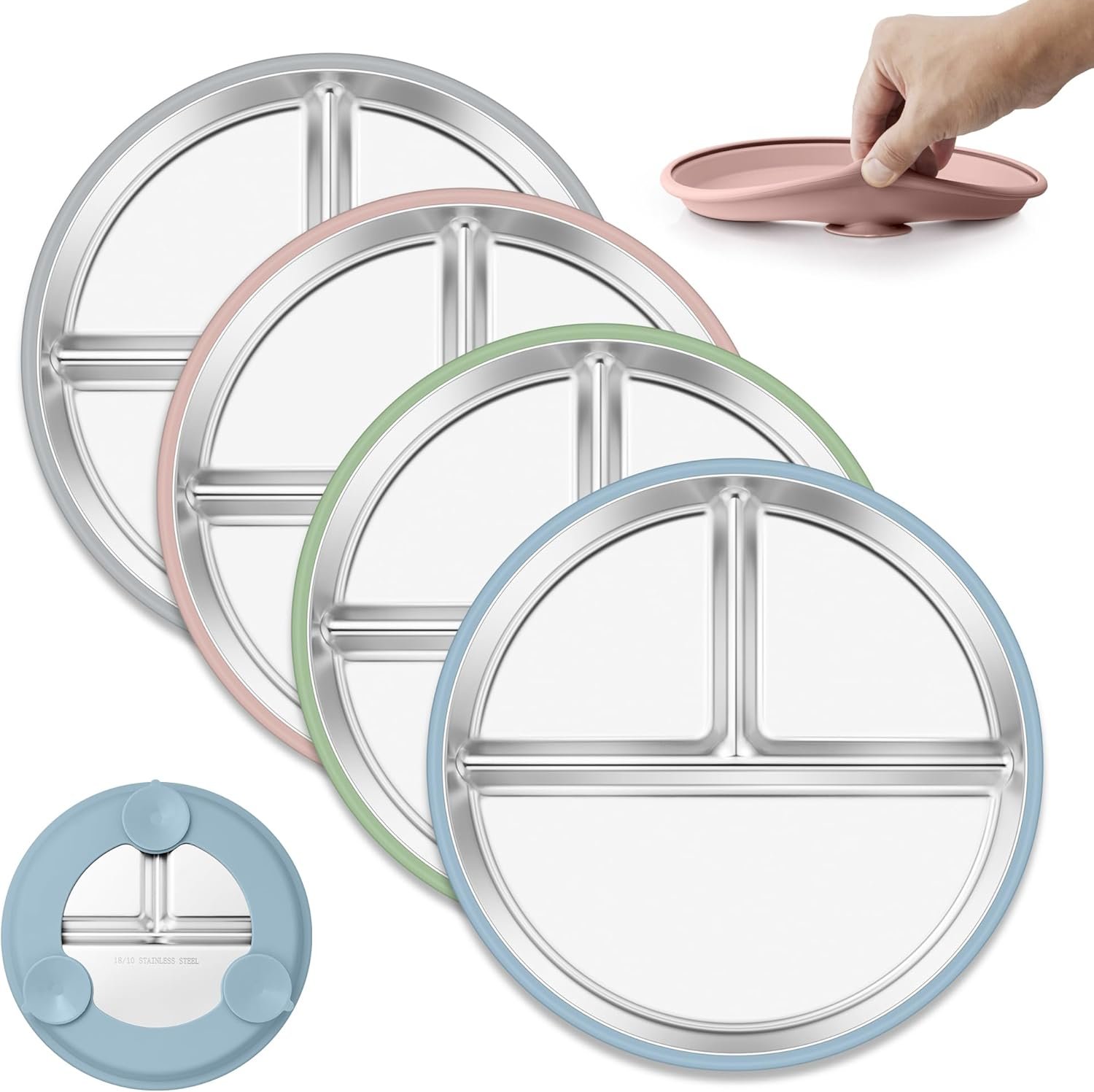 E-far Stainless Steel Toddler Plates with Suction – 9″ Kids Plates, 4-Pack Divided Unbreakable & Non-Slip Baby Dishes with Removable Silicone Sleeves, Dishwasher Safe