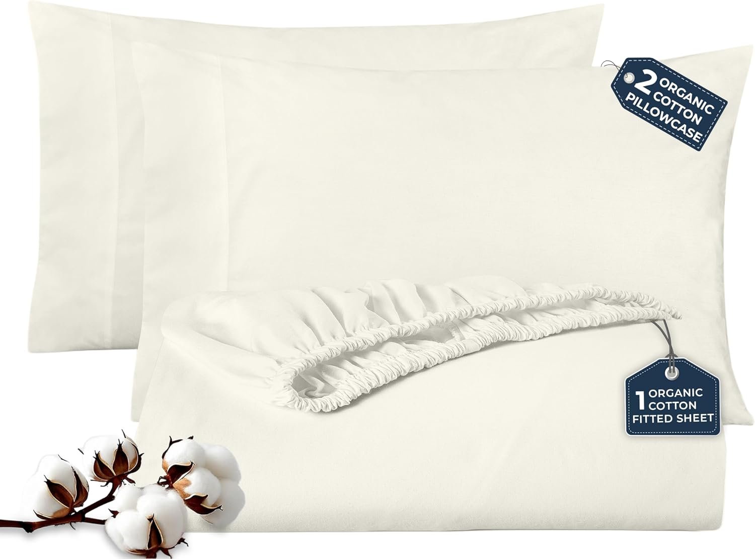 ROYALE LINENS Fitted Sheet with Pillowcases – Queen Fitted Sheets with 2 Pillowcases – 300 Thread Count 100% Organic Cotton – Fits Mattress Up to 18″ Deep – Soft & Breathable – Ivory (No Flat Sheet)