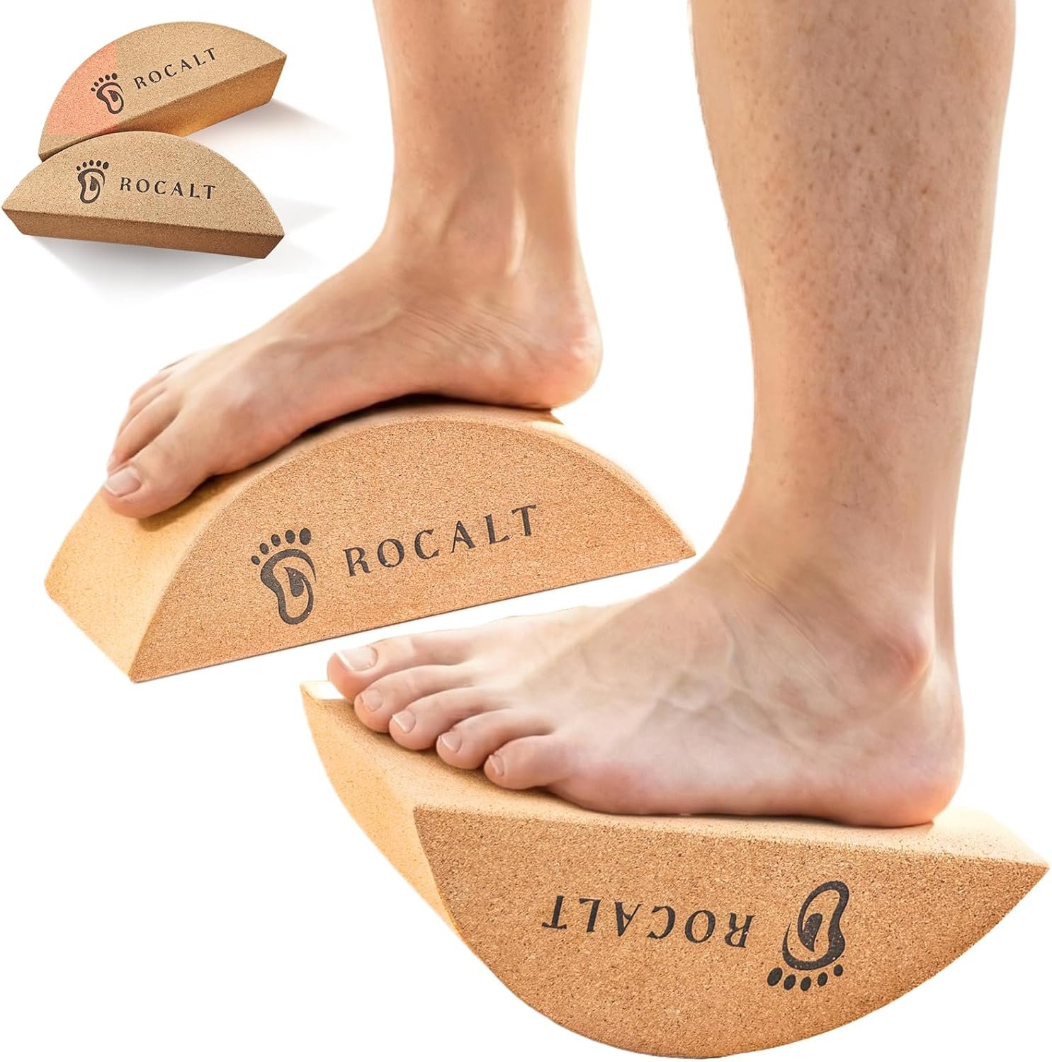 Rocalt 2 Pack Cork Yoga Blocks, Half Moon Yoga Block & Calf Stretching, Cork Foot Stretcher for Plantar Fasciitis Relief, Ankle Stretcher Pilates Block, Improve Balance, Stability & Foot Mobility