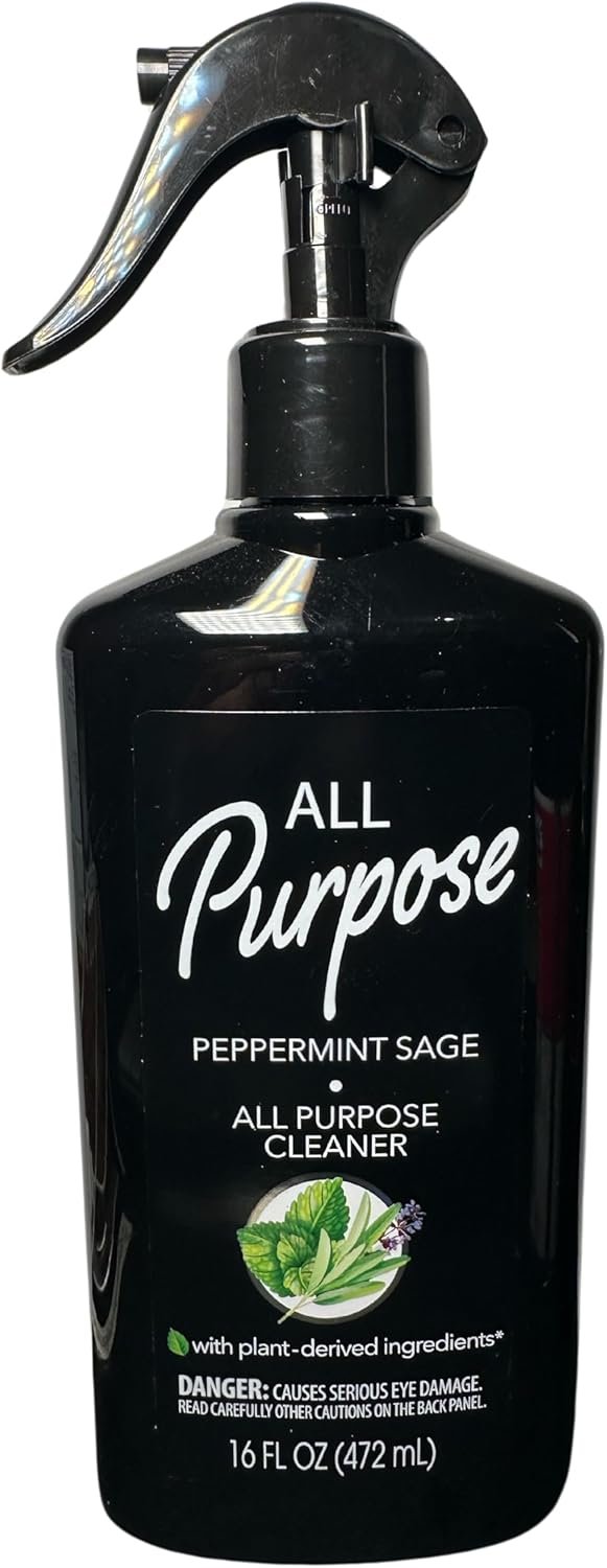 All Purpose Peppermint Sage Multi-Surface Cleaner with Plant-Derived Ingredients, 16 fl oz, Black Spray Bottle