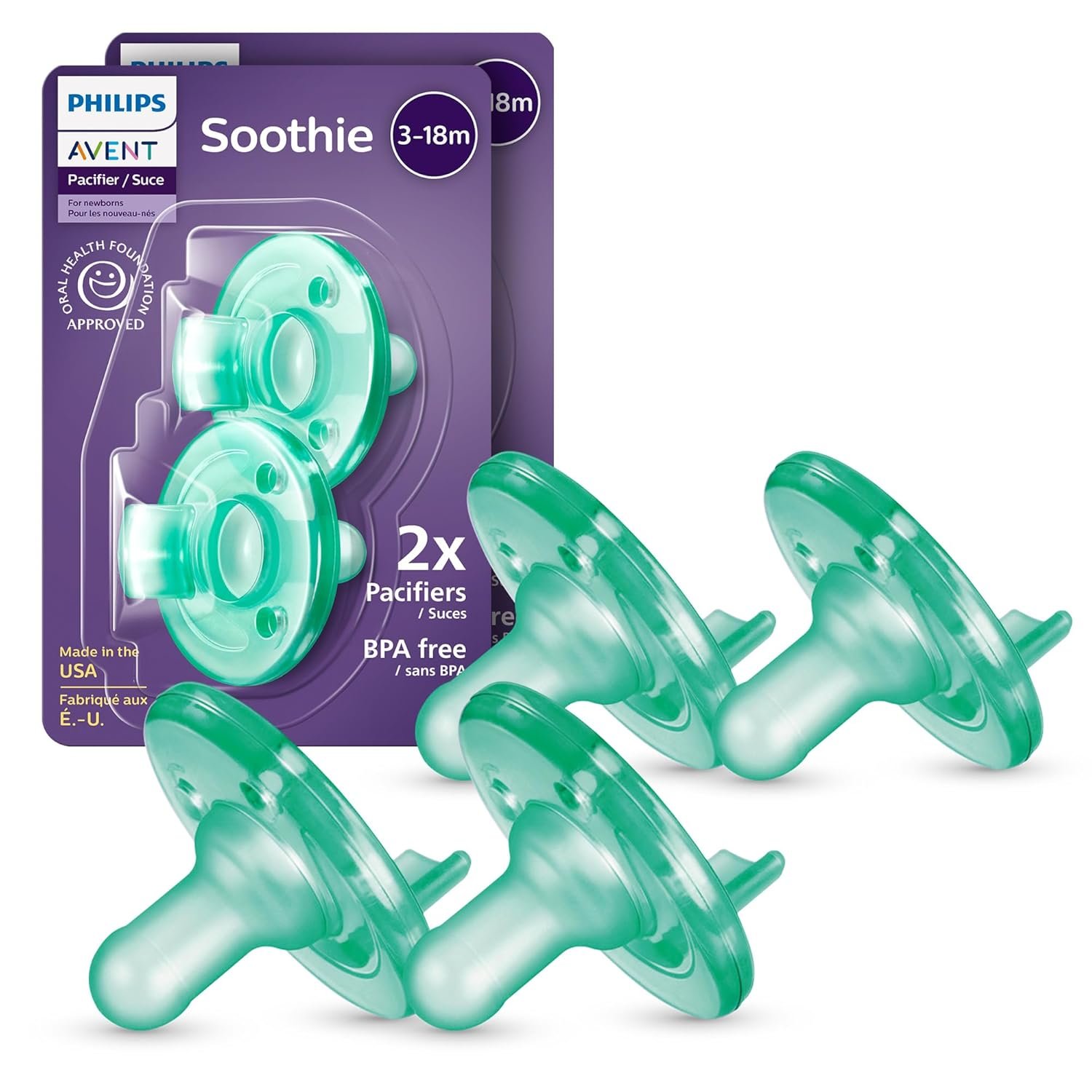Philips Avent Soothie Baby Pacifiers – 100% Silicone Pacifiers for Babies 3-18 Months, One-Piece Design, BPA-Free, Extra Durable, Green, 4 Pack, Model SCF192/45
