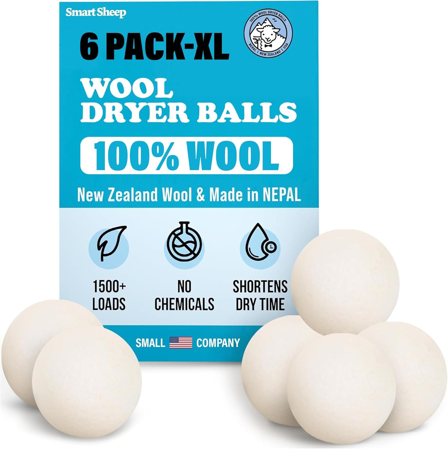 Smart Sheep Wool Dryer Balls – 6-Pack – XL Premium Natural Fabric Softener Award-Winning – Wool Balls Replaces Dryer Sheets – Wool Balls for Dryer – Laundry Balls for Dryer