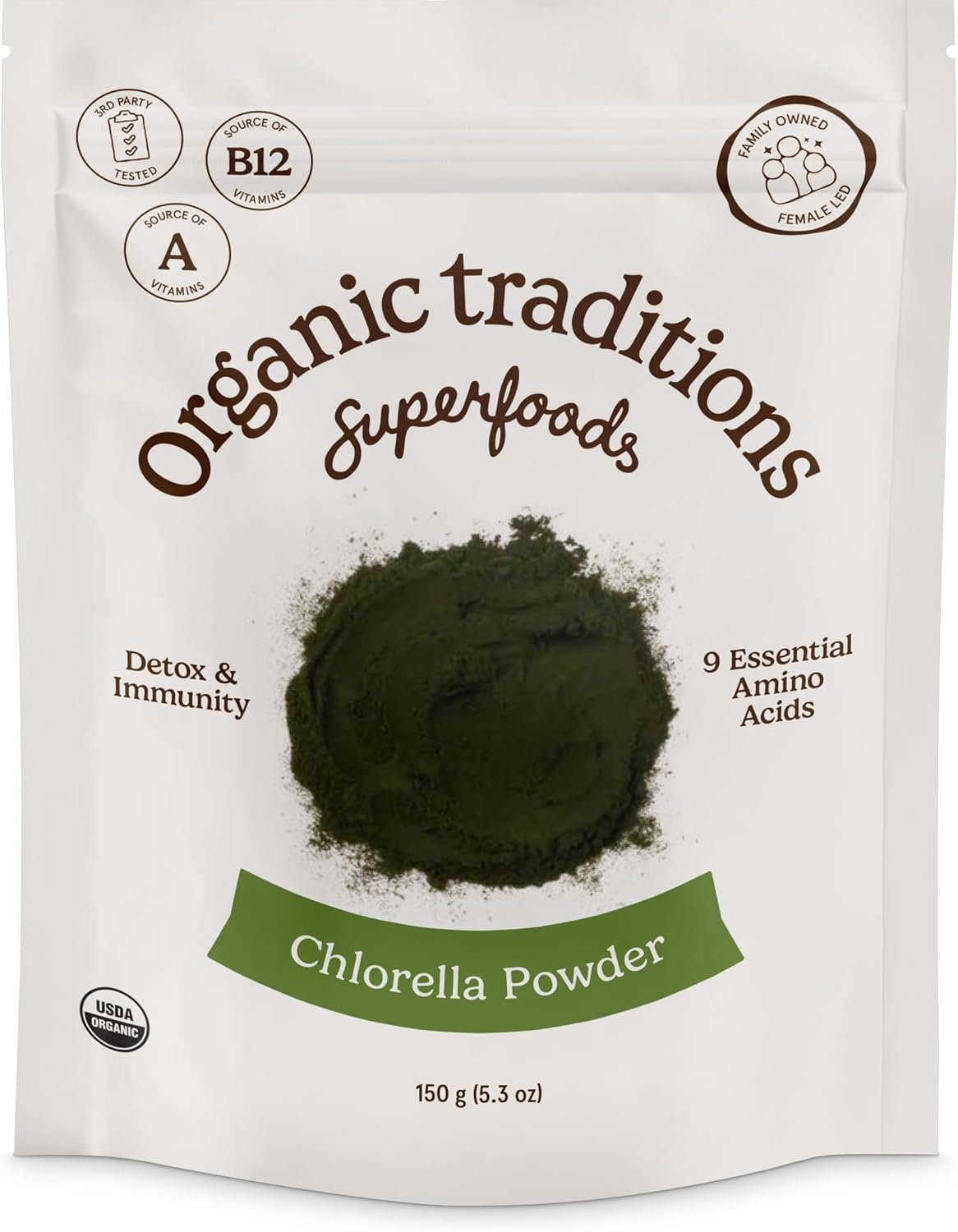 Organic Traditions Chlorella Powder, Broken Cell Wall Algae with Plant Based Protein, Essential Amino Acids, Chlorophyll & Nutrients, Eenergy Drink, Non GMO Superfood for Daily Blends, 150g/5.3oz Bag