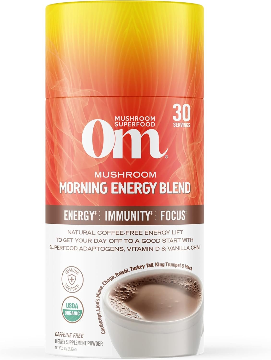 OM MUSHROOM SUPERFOOD Morning Energy Blend – Caffeine-Free Powder with Cordyceps, Lion’s Mane, Rhodiola & Vitamin D2 – Supports Energy, Focus & Endurance – 8.47 oz Canister (30 Servings)