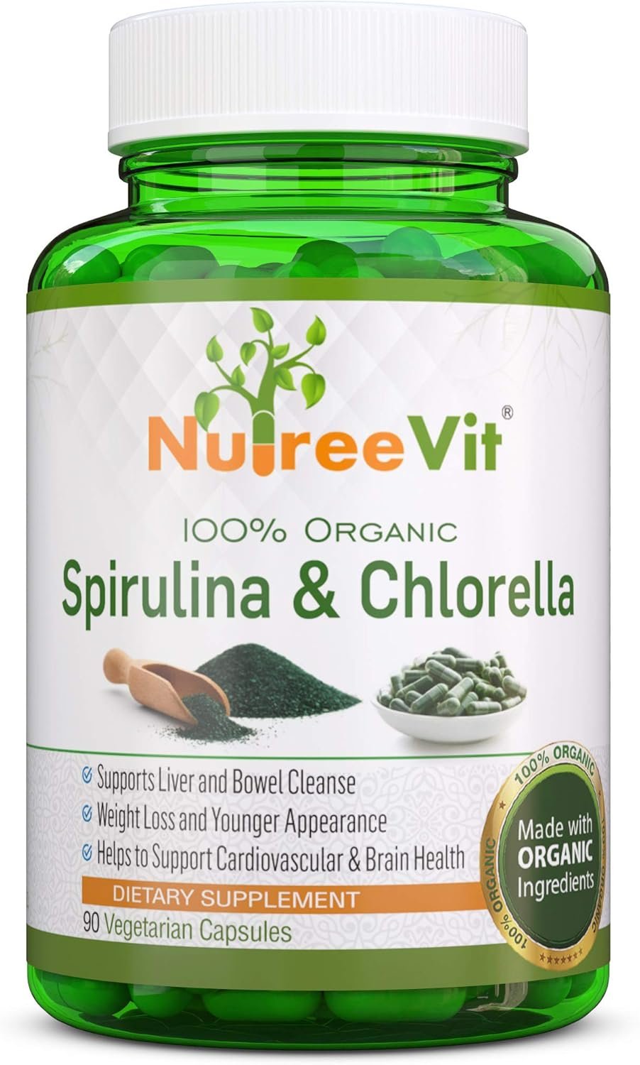 NutreeVit Pure Organic Spirulina & Chlorella Extract Veggie Capsules (500mg) (200-Bottle)
