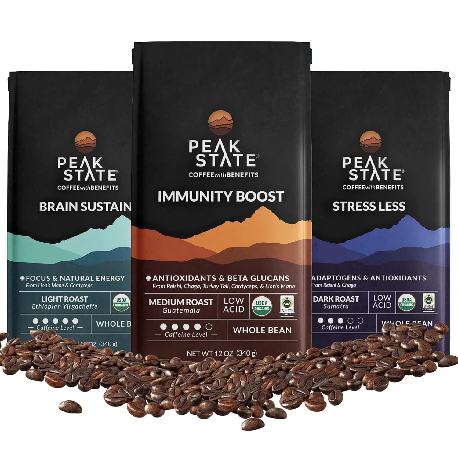 Peak State Coffee with Benefits, 3 Bag Variety Pack – Mushroom Coffee, Low Acid & Smooth, Immunity Boost, Brain Sustain & Stress Less, Organic Whole Bean, Gluten Free, 12 oz. Each