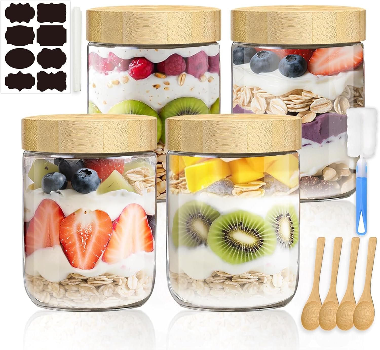 16oz Overnight Oats Containers with Bamboo Lids, Glass Jars with Airtight Lids, Wide Mouth Mason Meal Prep Jars, Food Storage Container for Yogurt Salad Chia Pudding Snacks Spice Sugar,4 Pack