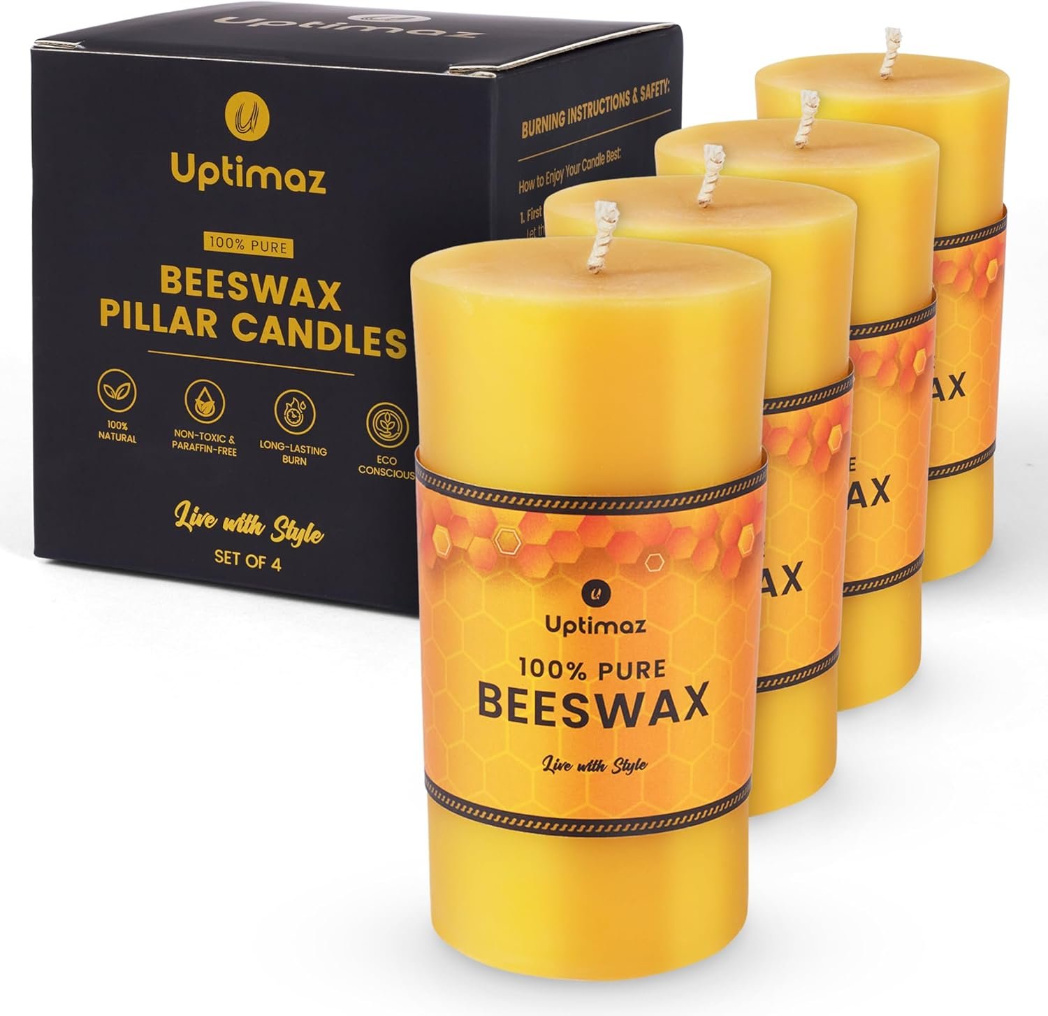 Beeswax Pillar Candles Set of 4, 2×4 Inch, 100% Beeswax Candle with Cotton Wick, Long Burning, Dripless Candle Bees Wax for Home, Décor, Prayer, Emergency