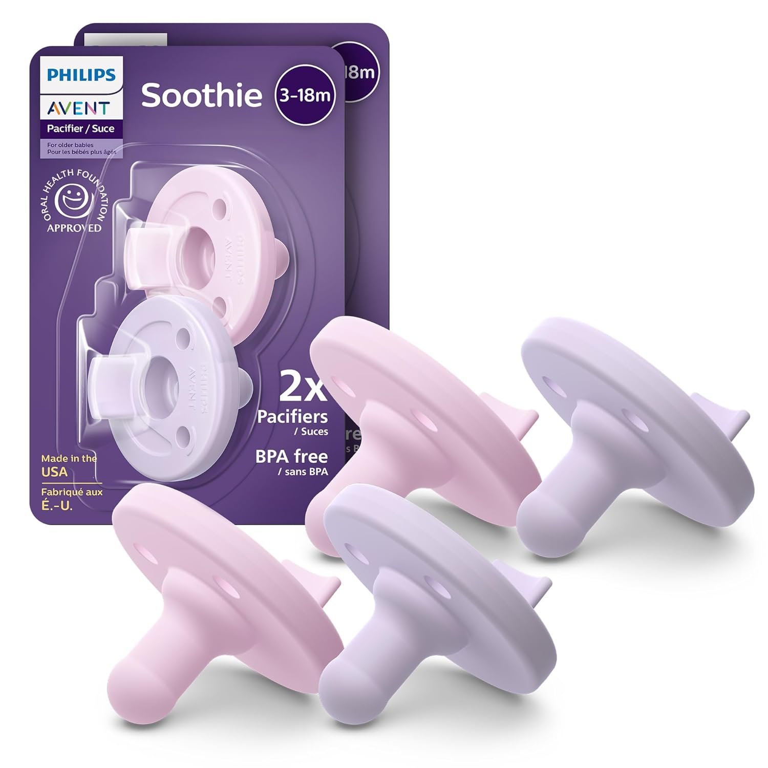 Philips Avent Soothie Baby Pacifiers – 100% Silicone Pacifiers for Babies 3-18 Months, One-Piece Design, BPA-Free, Extra Durable, Lilac and Pink, 4 Pack, Model SCF192/70